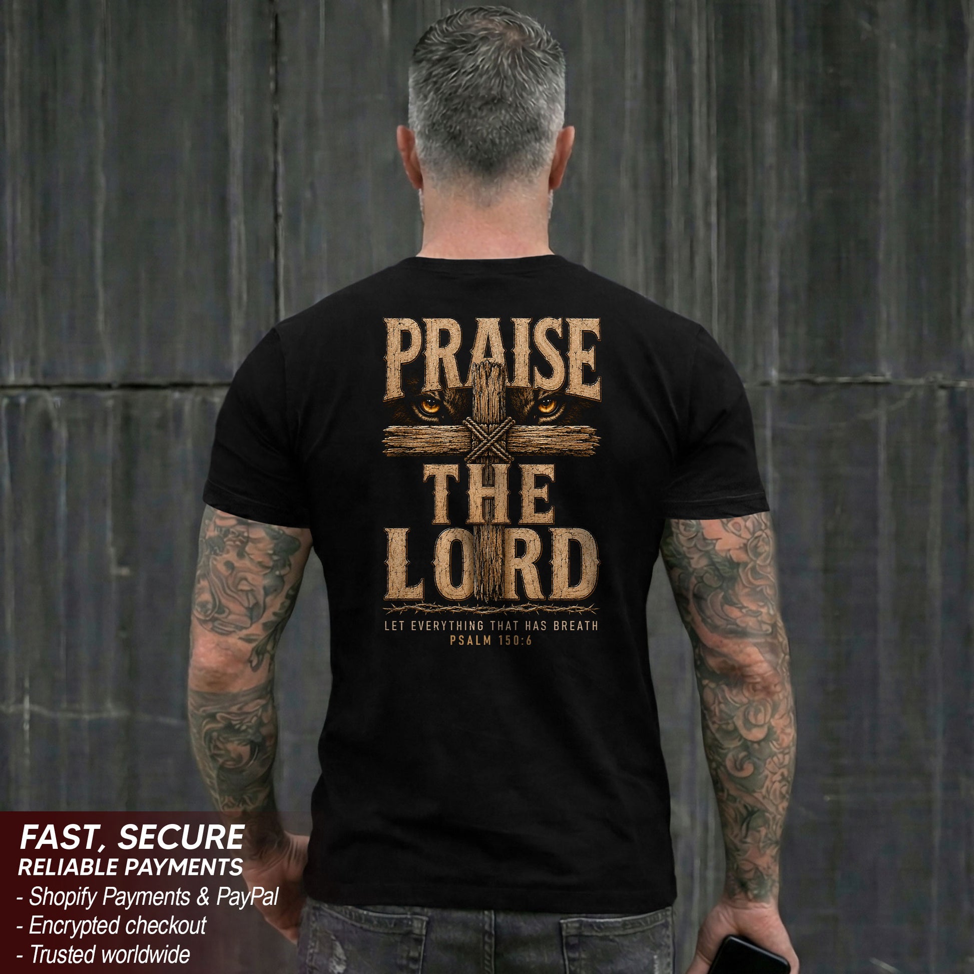 Praise The Lord Shirt Lion Of Judah Wooden Cross Christian Psalm 150 6 Faith Graphic Tee - Rust Field Wear