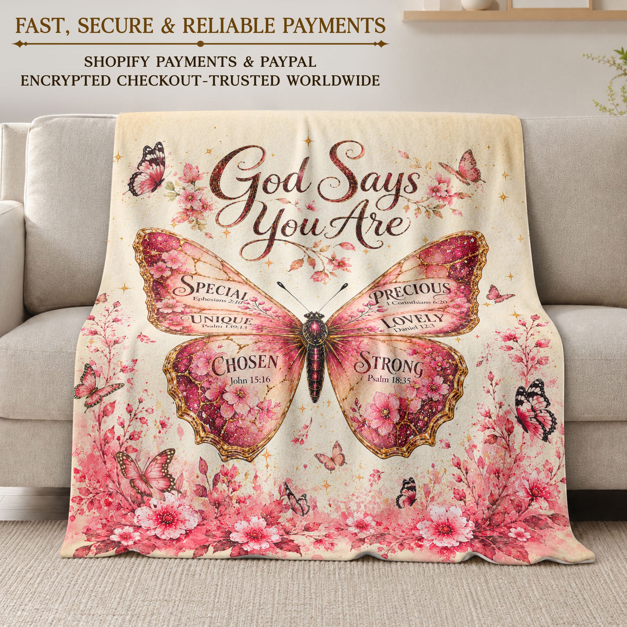 God Says You Are Pink Butterfly Blanket with Bible Verses Christian Floral Faith