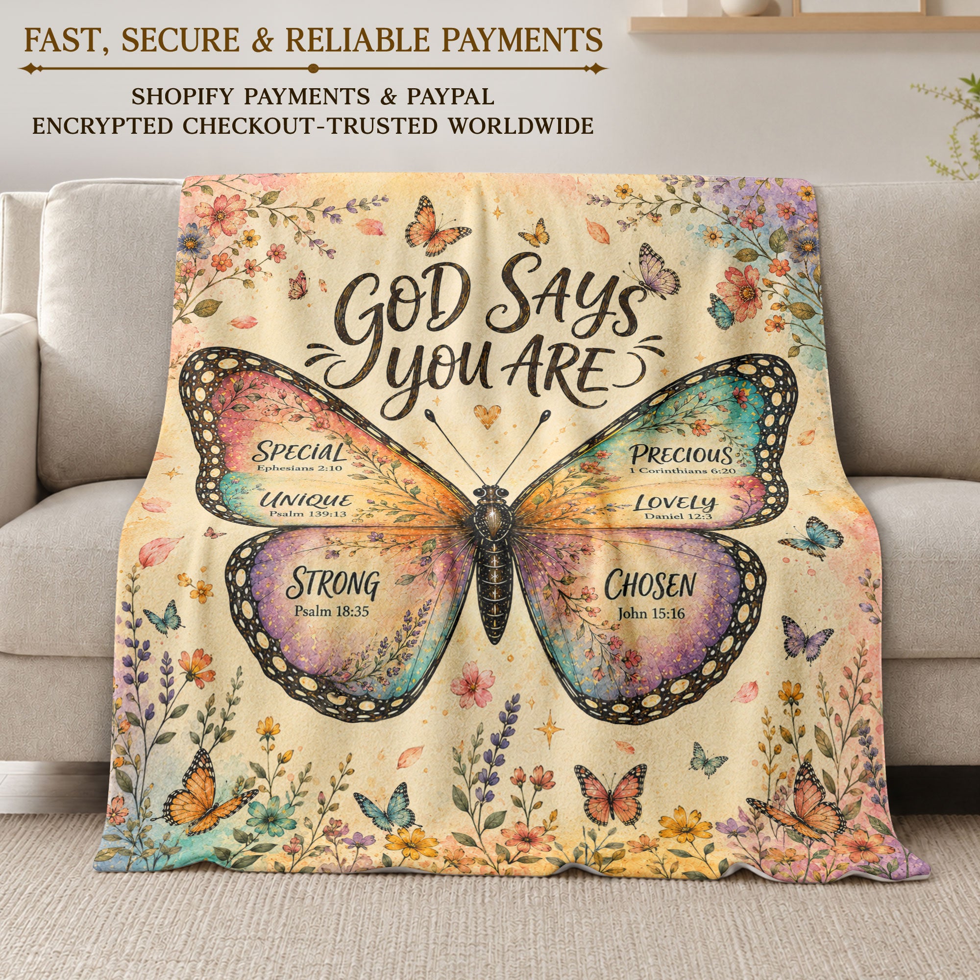 God Says You Are Butterfly Blanket with Bible Verses Christian Floral Inspiration
