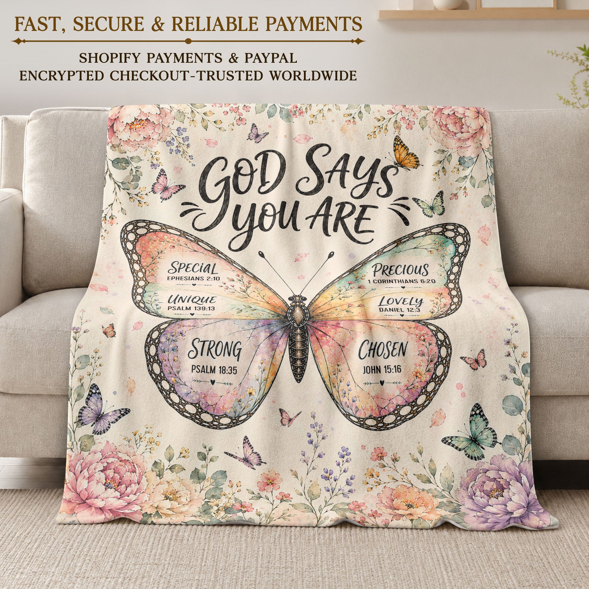 God Says You Are Butterfly Blanket with Bible Verses Christian Floral Faith Inspiration