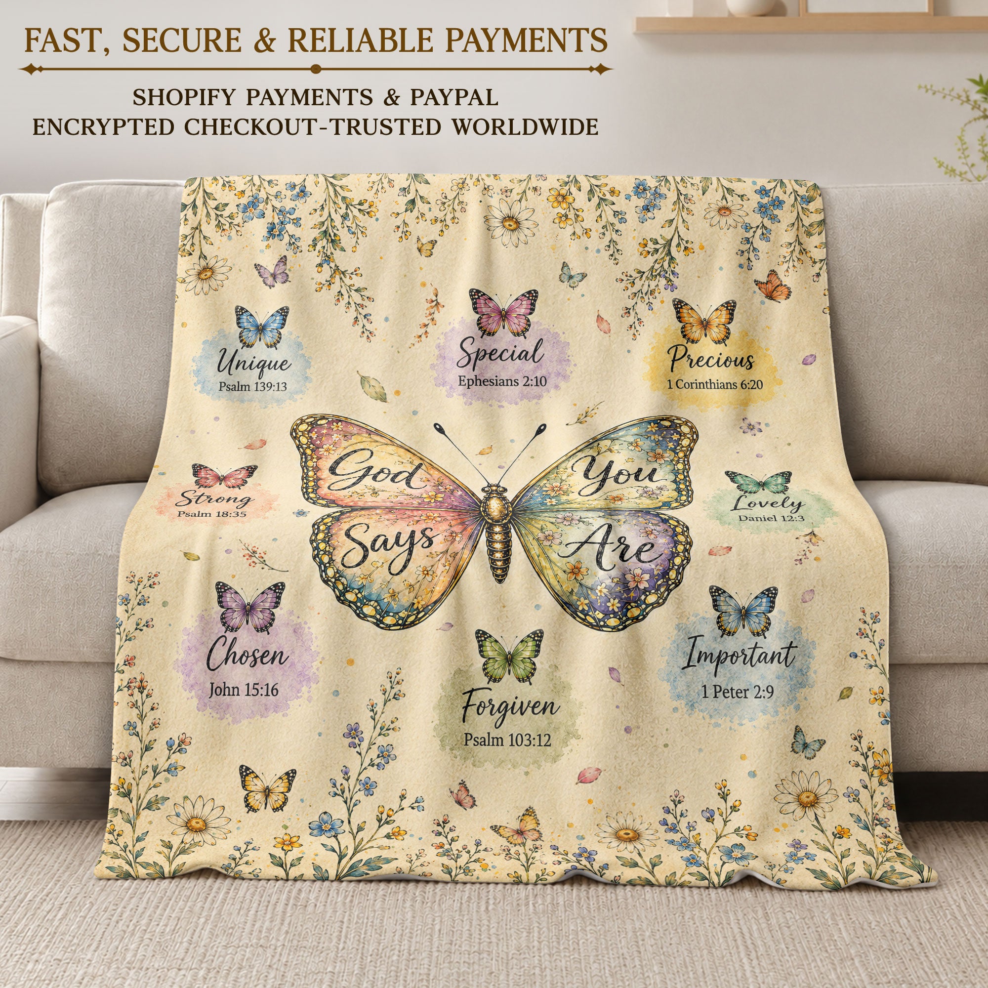 God Says You Are Butterfly Blanket with Bible Verses and Christian Floral Artwork