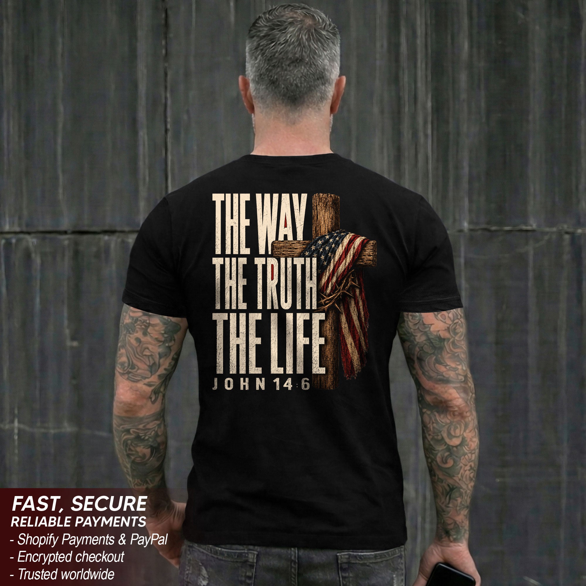 The Way The Truth The Life Christian T Shirt with American Flag Cross and Crown of Thorns