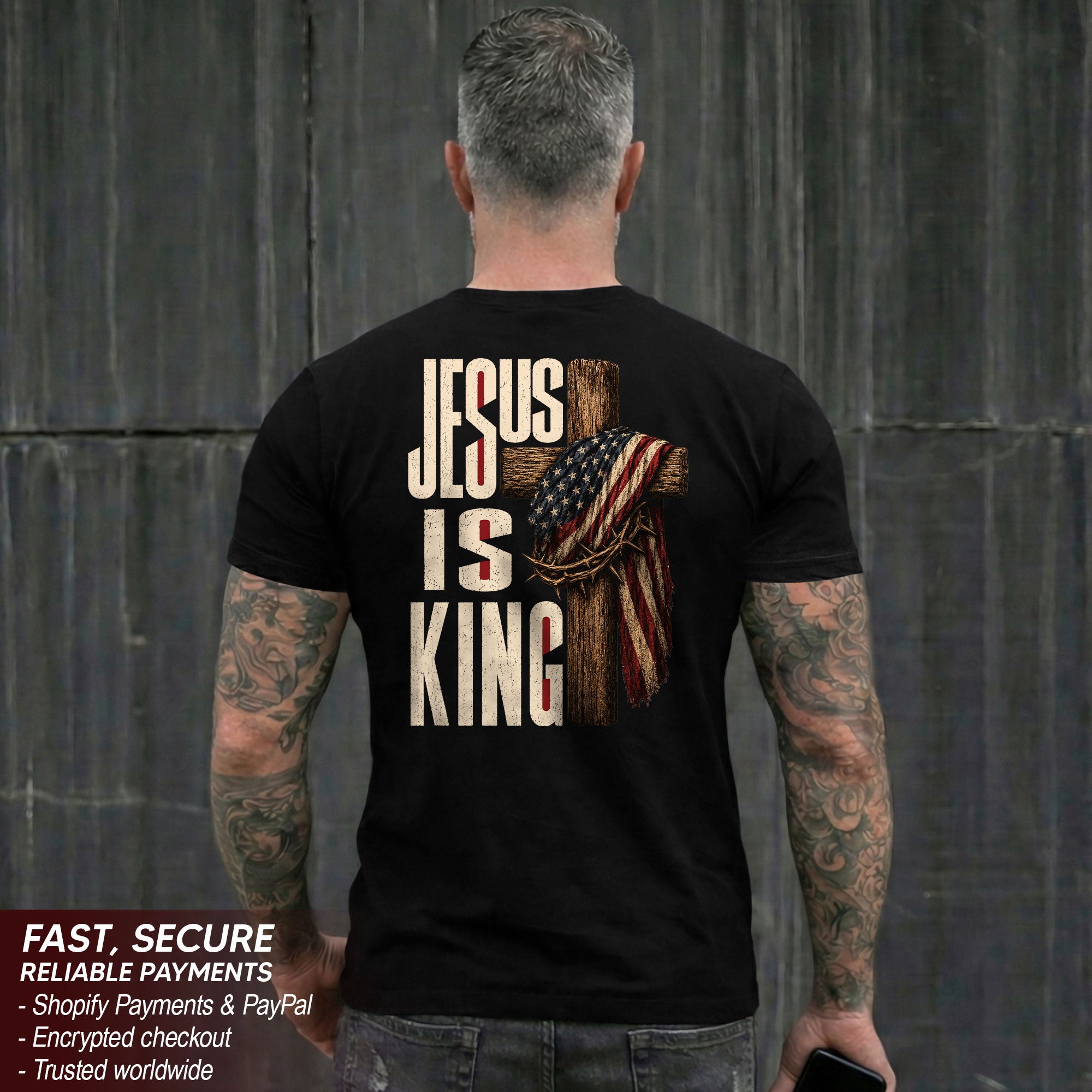 Jesus Is King Shirt Patriotic Christian Men Shirt Wooden Cross American Flag Crown Of Thorns