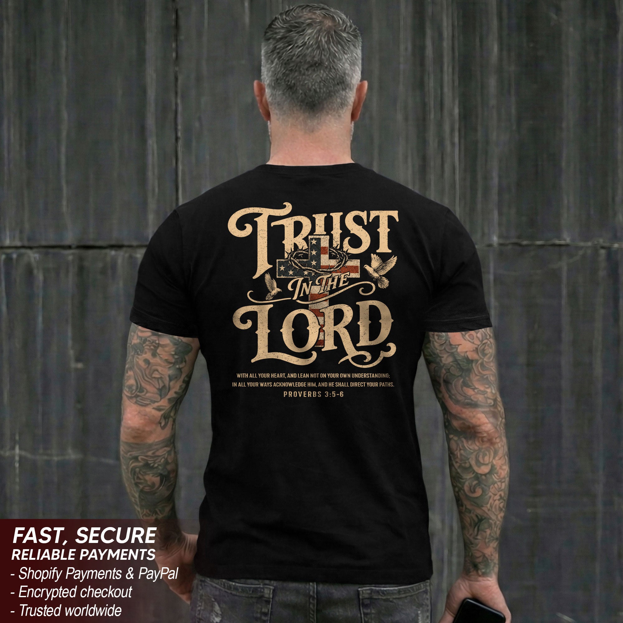 Trust In The Lord Proverbs American Flag Cross Doves Christian Graphic T Shirt Men