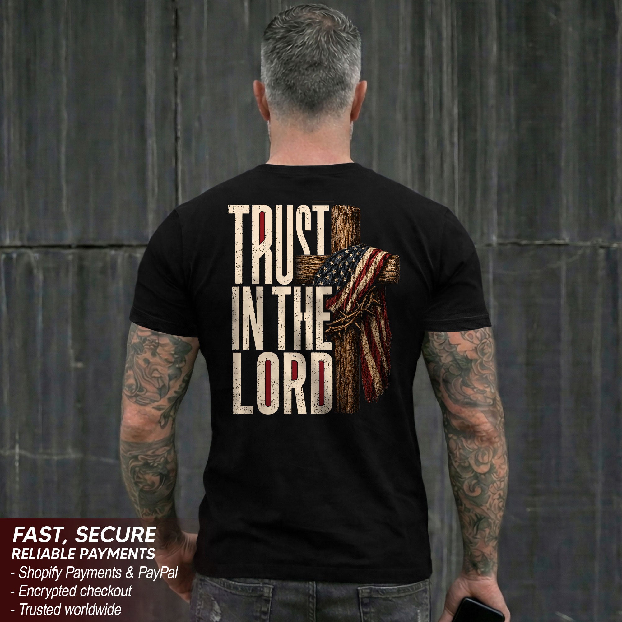 Trust In The Lord American Flag Cross Crown Of Thorns Christian Graphic T Shirt Men