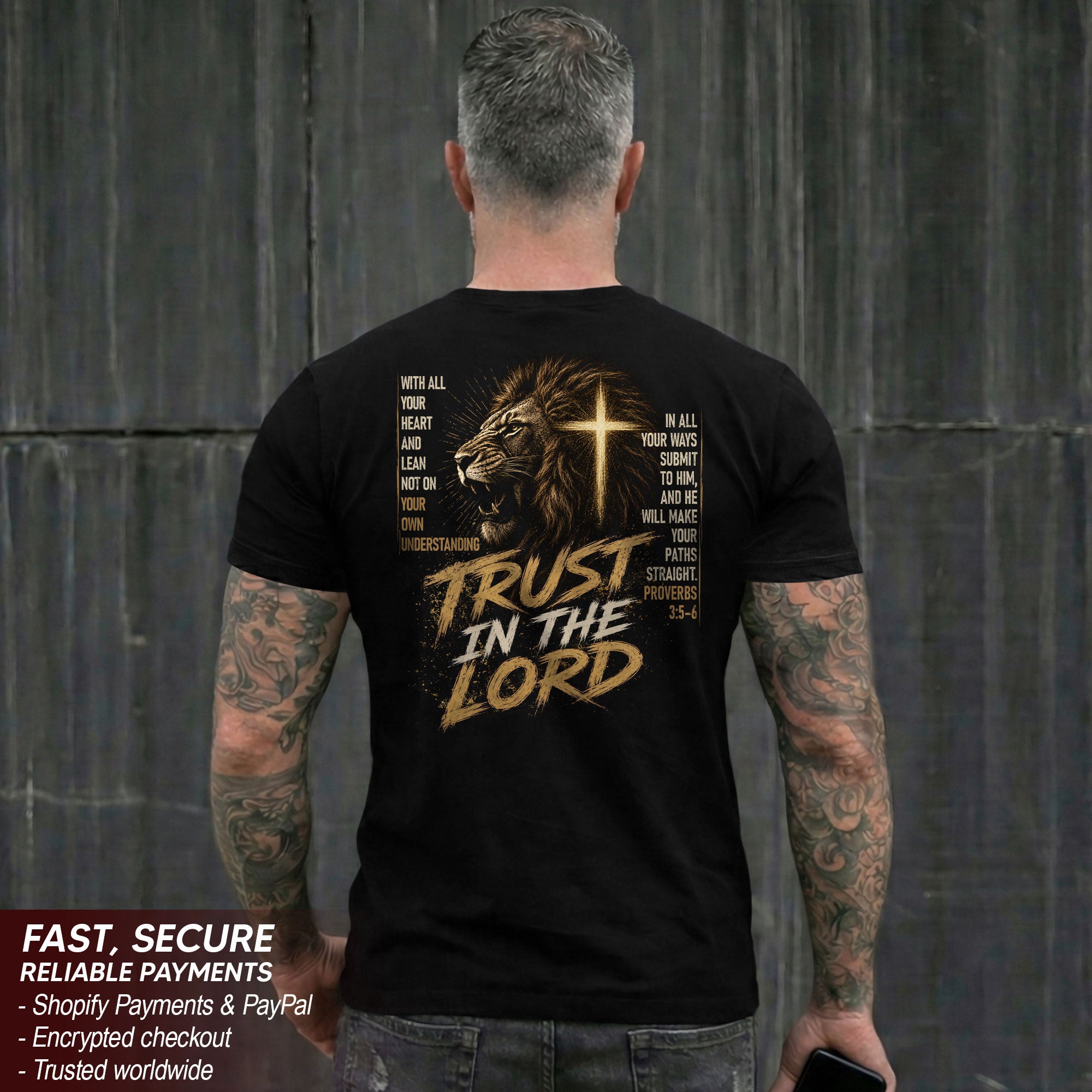 Trust In The Lord Lion Cross Scripture Christian Graphic Casual Crewneck Tee Shirt Men