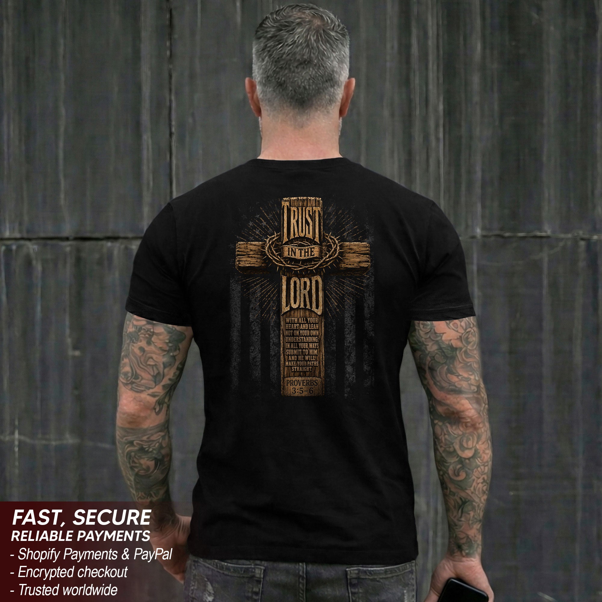 Trust In The Lord Wooden Cross Scripture Christian Graphic Casual Crewneck Tee Men