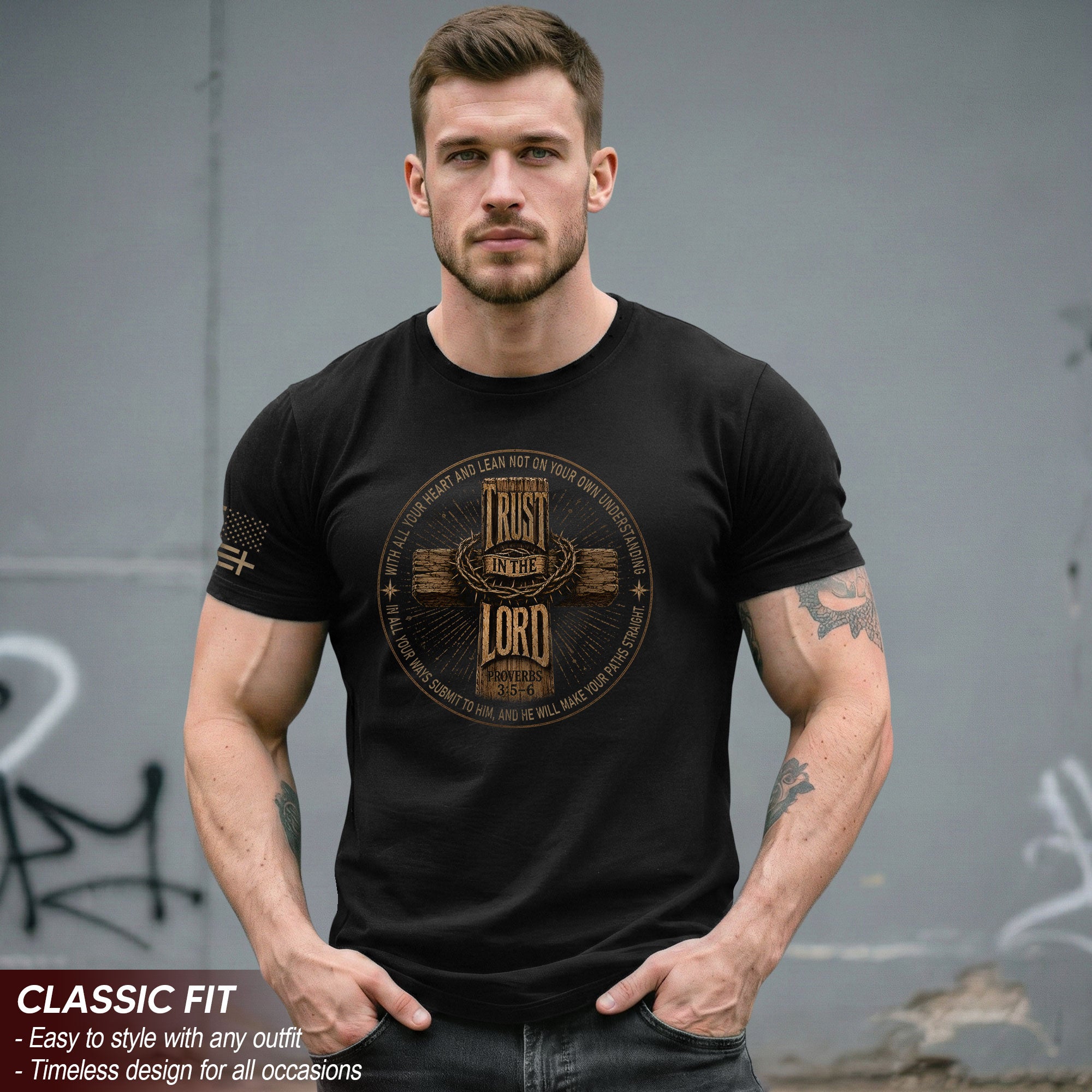 Trust In The Lord Proverbs Scripture Christian Graphic Crewneck Tee Shirt For Men