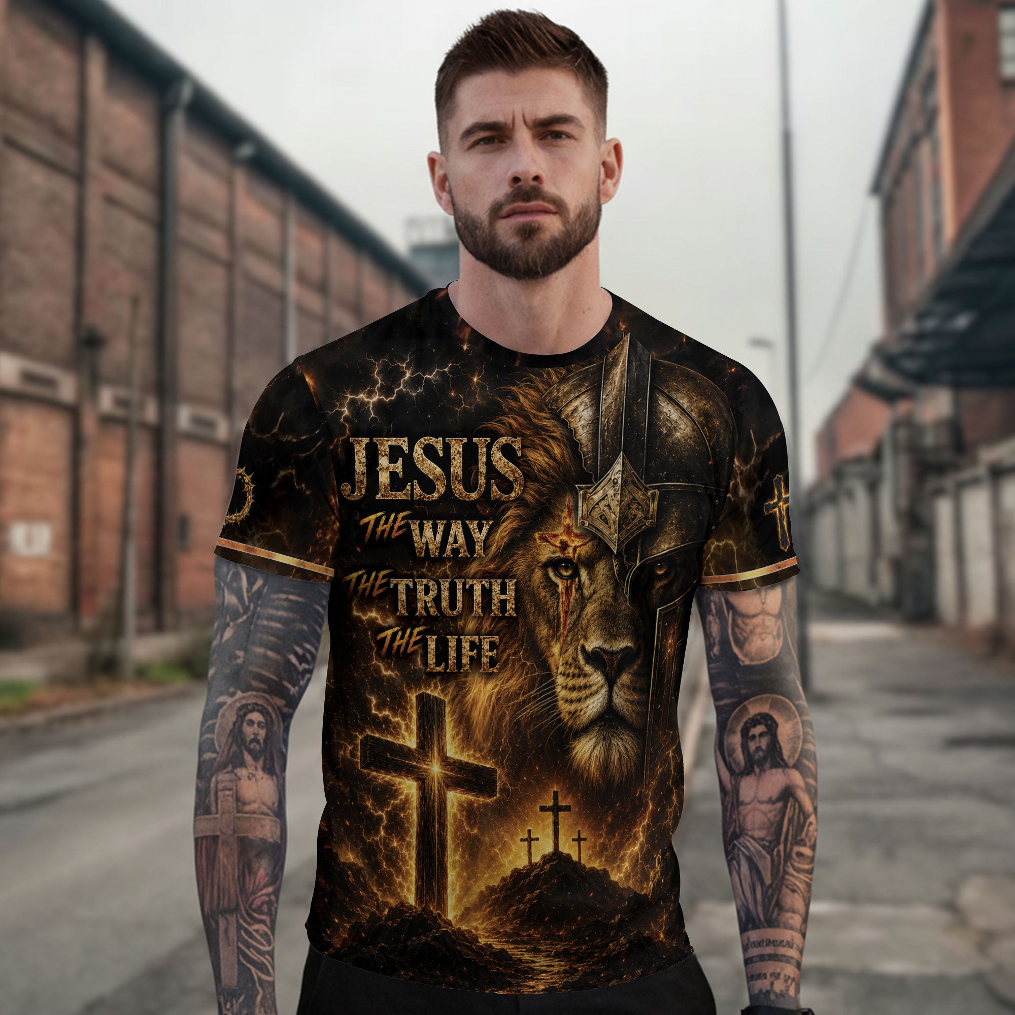 Jesus The Way The Truth The Life Lion Warrior Cross Christian 3D Graphic Tee Shirt Men