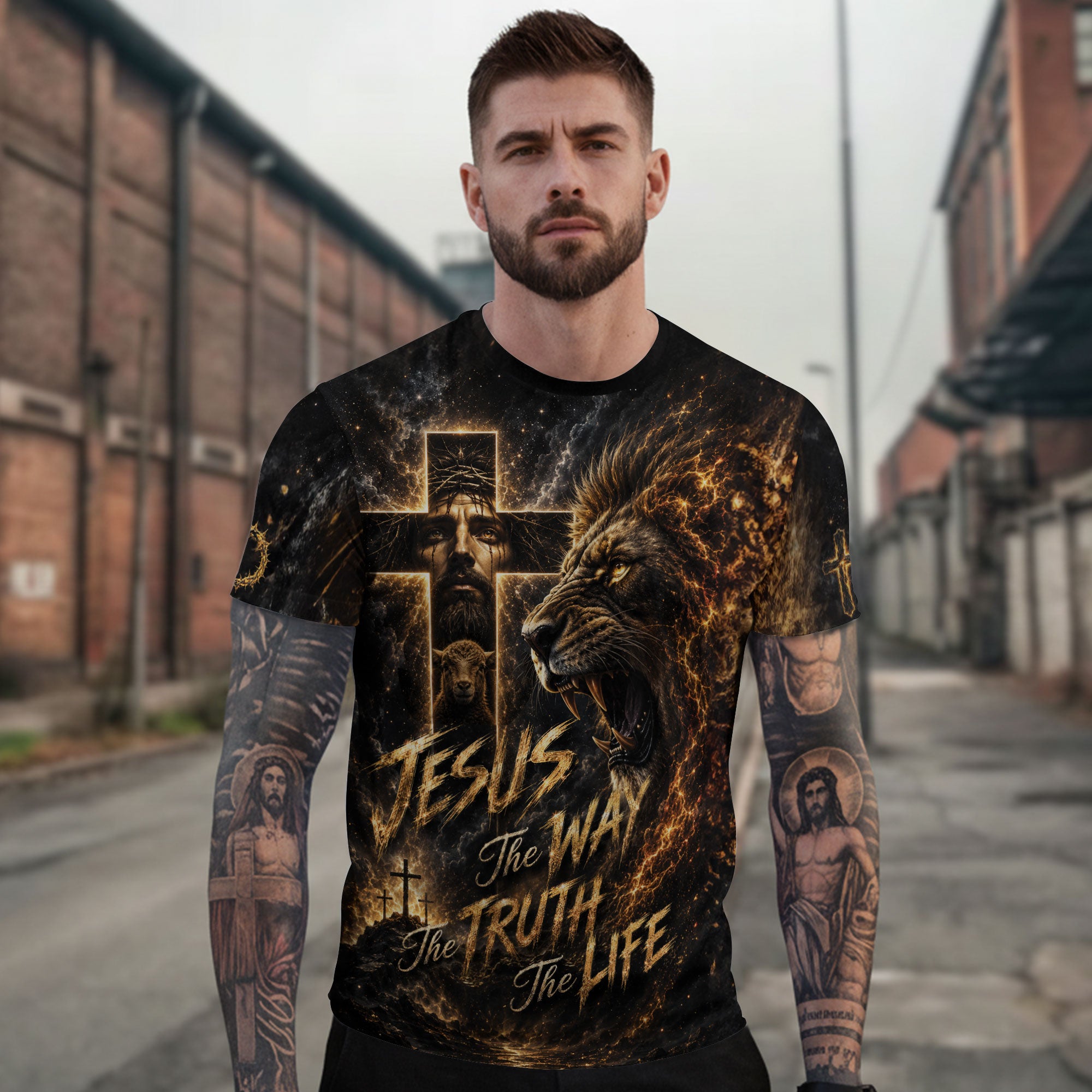 Jesus The Way The Truth The Life Lion Lamb Cross Christian 3D Graphic Tee Shirt Men