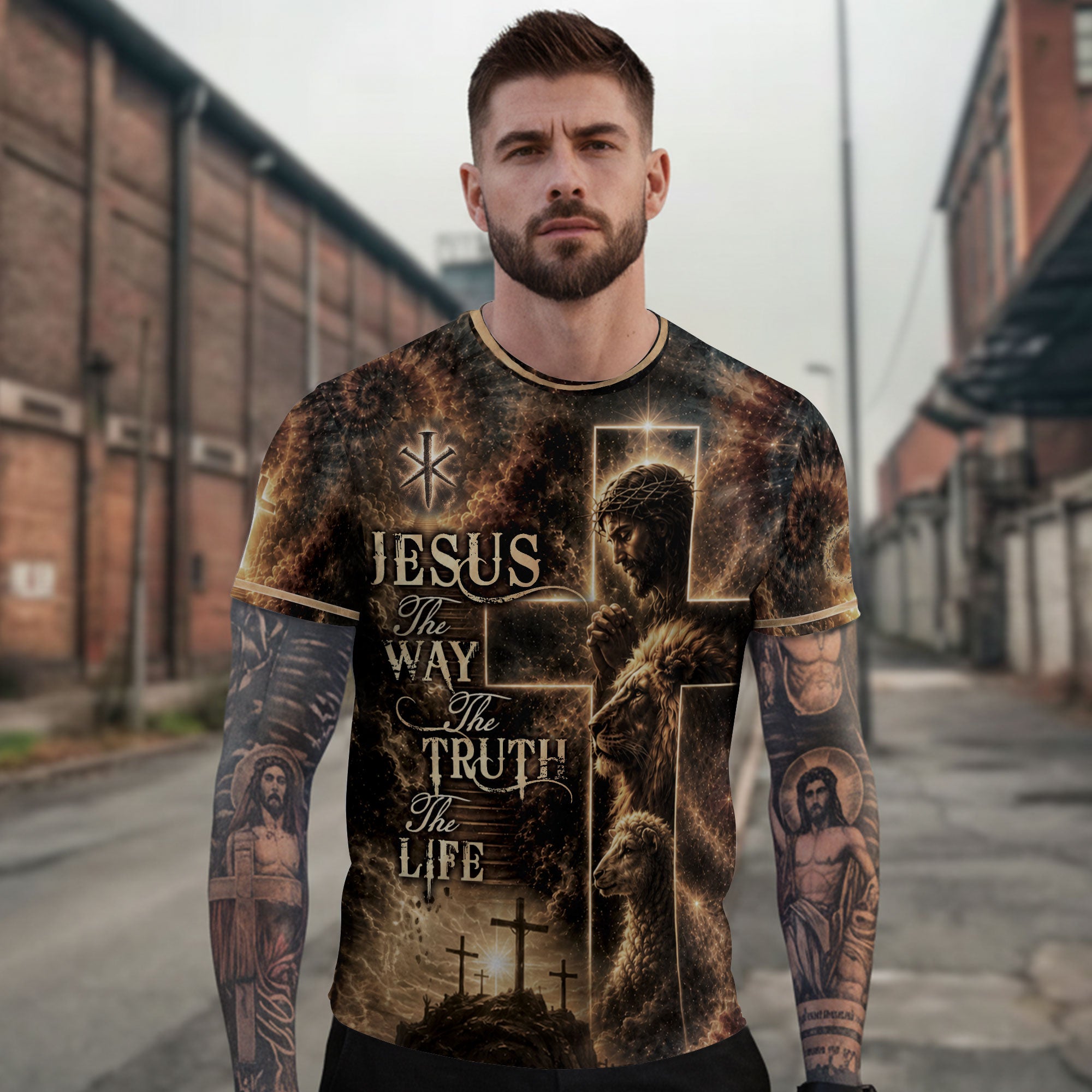 Jesus The Way The Truth The Life Christian Lion Lamb Cross 3D Graphic Shirt for Men