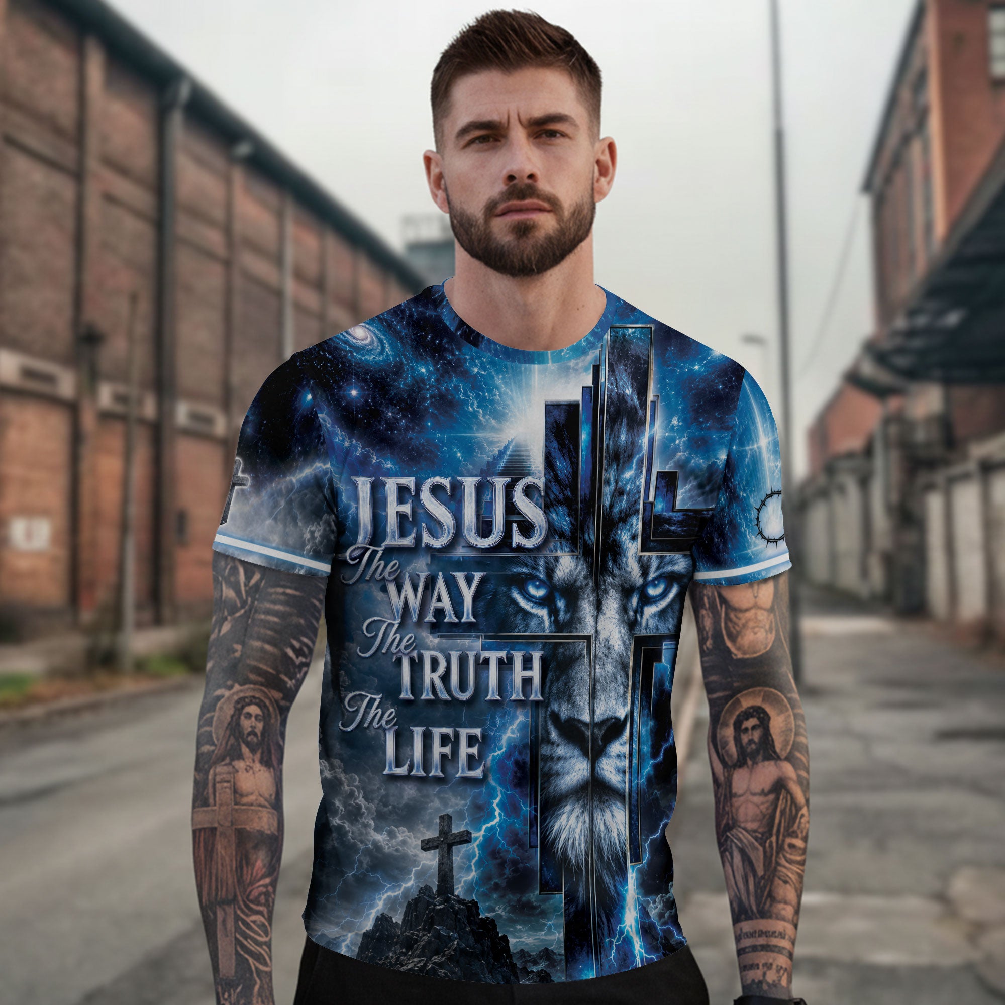 Jesus The Way The Truth The Life Blue Lion Cross Christian 3D Graphic Tee Shirt Men