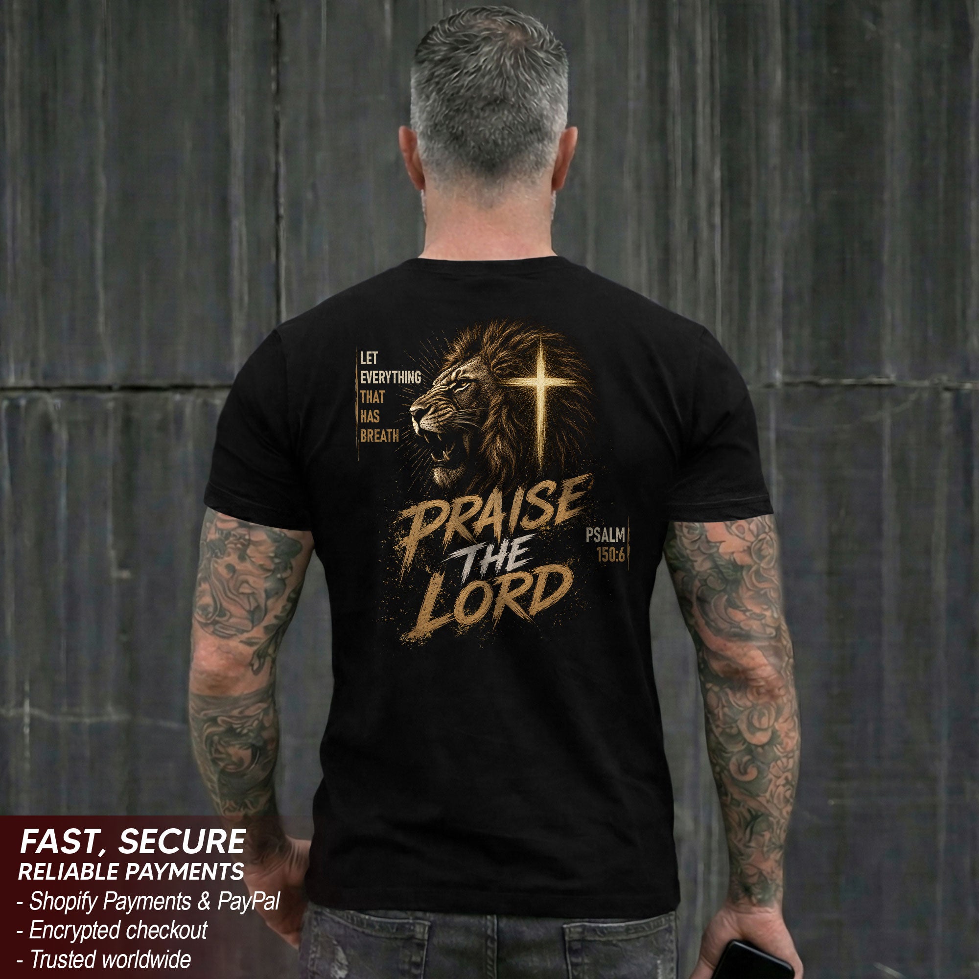Praise The Lord Lion Cross Psalm Scripture Christian Graphic Casual Crewneck Tee Shirt Men