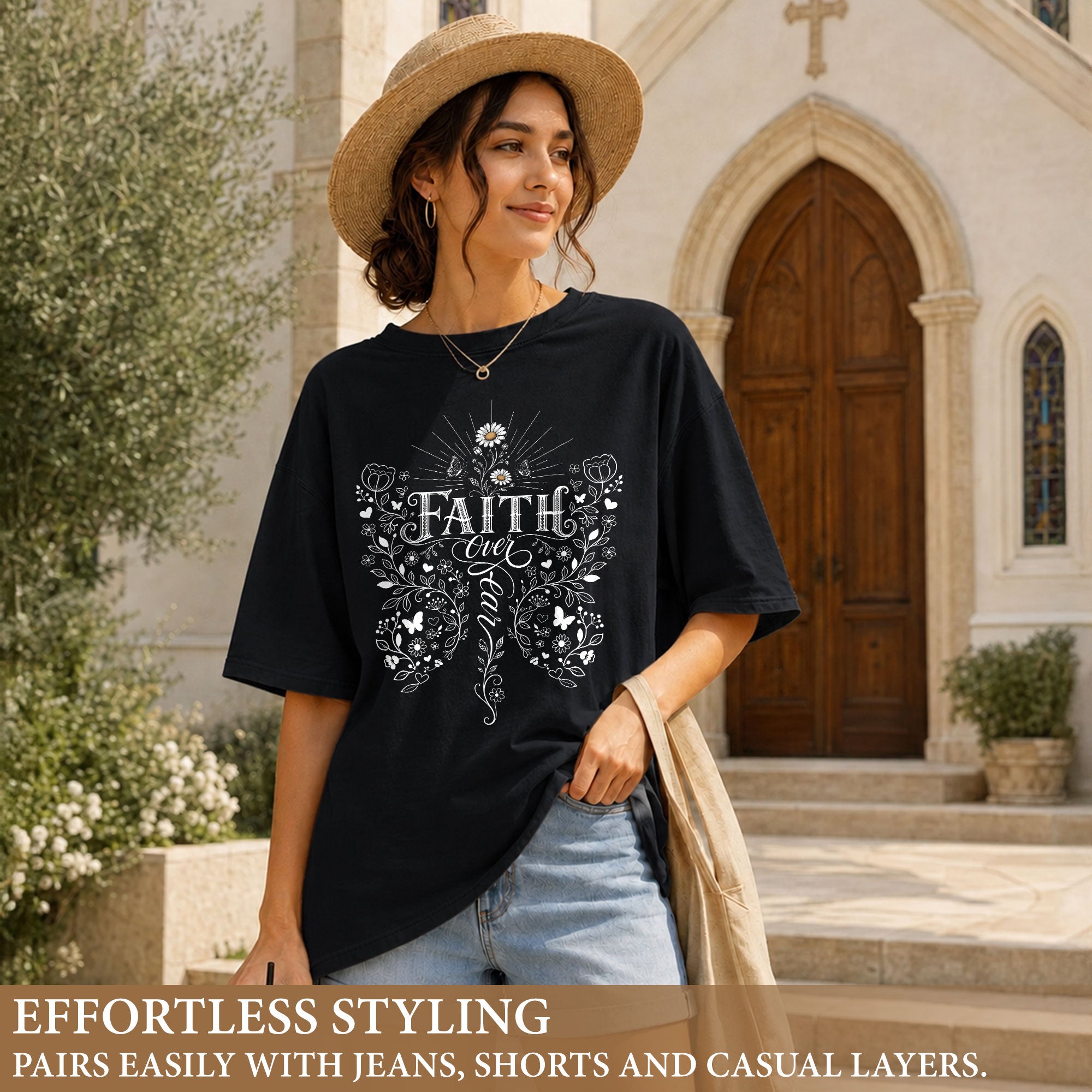 Faith Over Fear Butterfly Floral Christian Graphic Casual Crewneck Tee Shirt Women