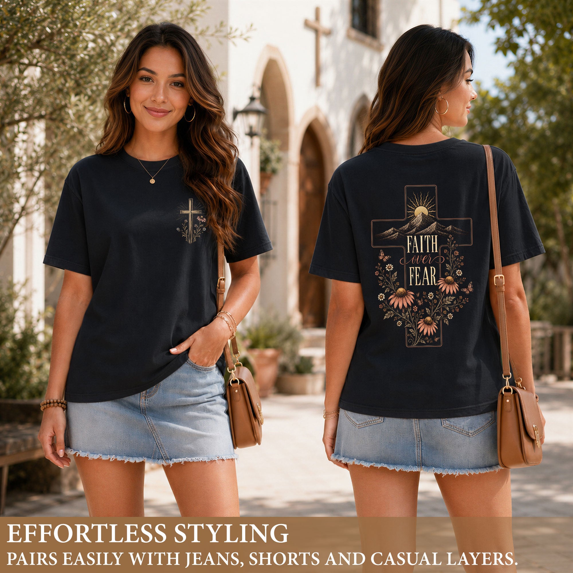 Faith Over Fear Mountain Cross Floral Christian Graphic Casual Crewneck Tee Women