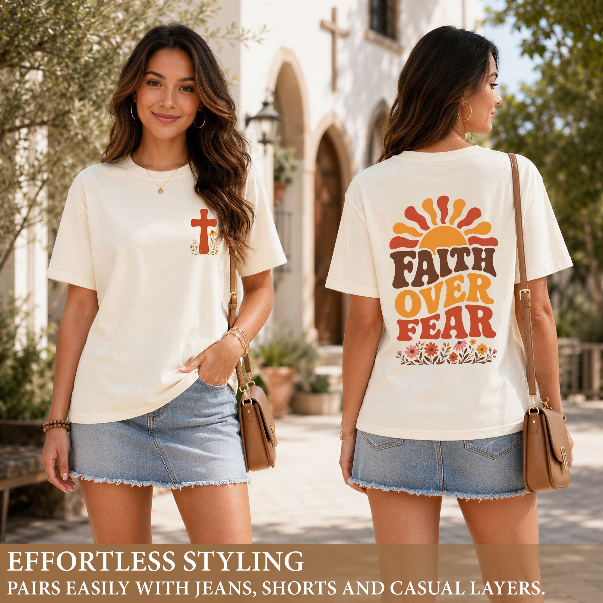 Faith Over Fear Retro Sun Floral Christian Graphic Casual Crewneck Tee Shirt Women