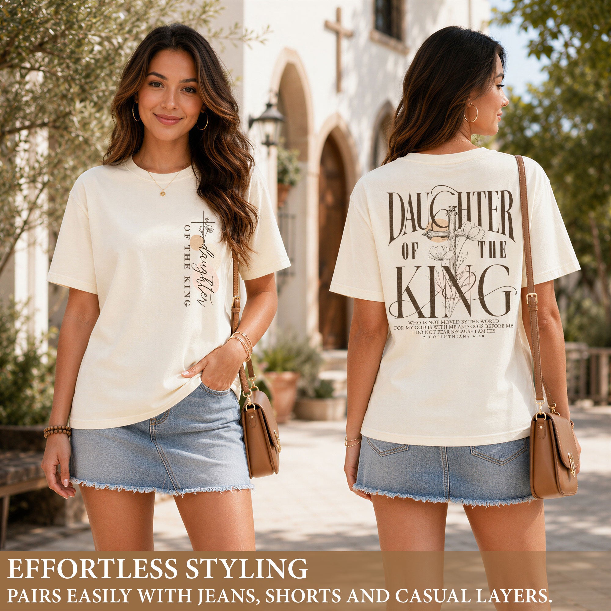 Daughter Of The King Cross Floral Christian Graphic Everyday Tee Shirt For Women