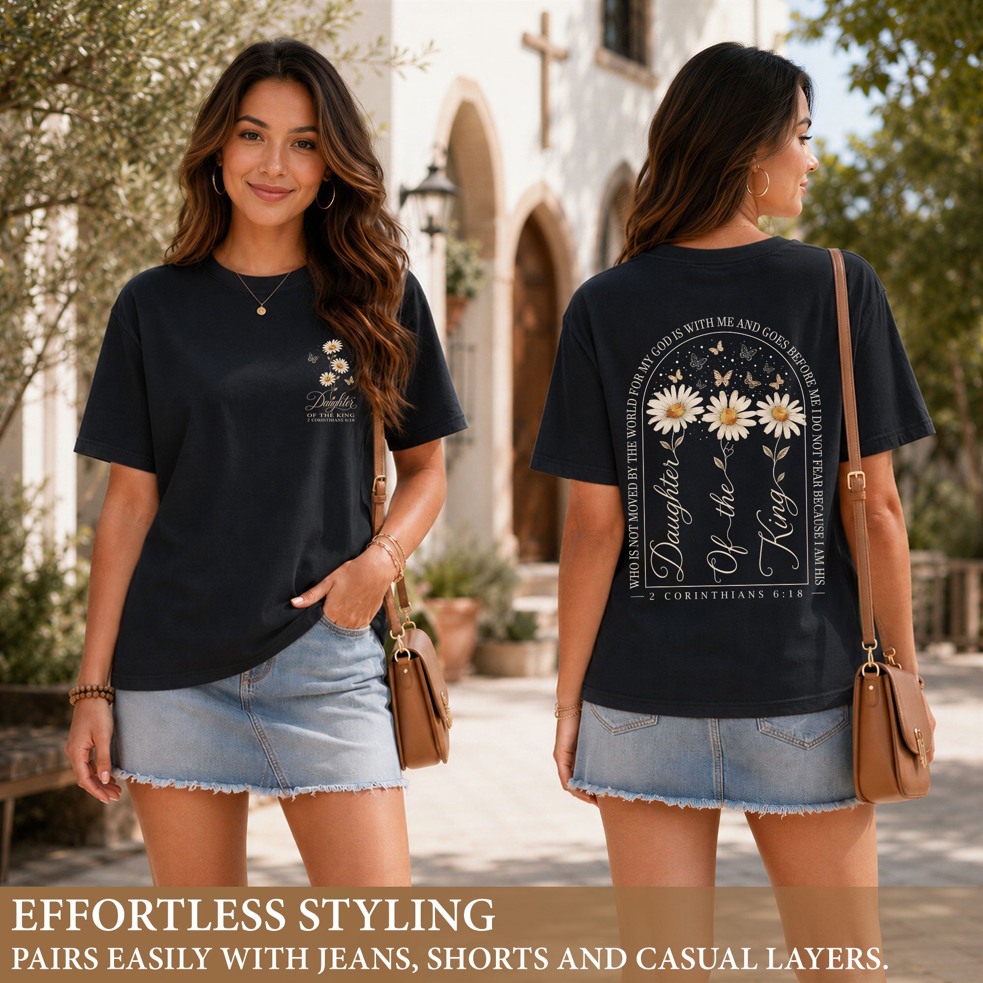 Daughter Of The King Daisy Butterfly Christian Graphic Everyday Tee Shirt For Women