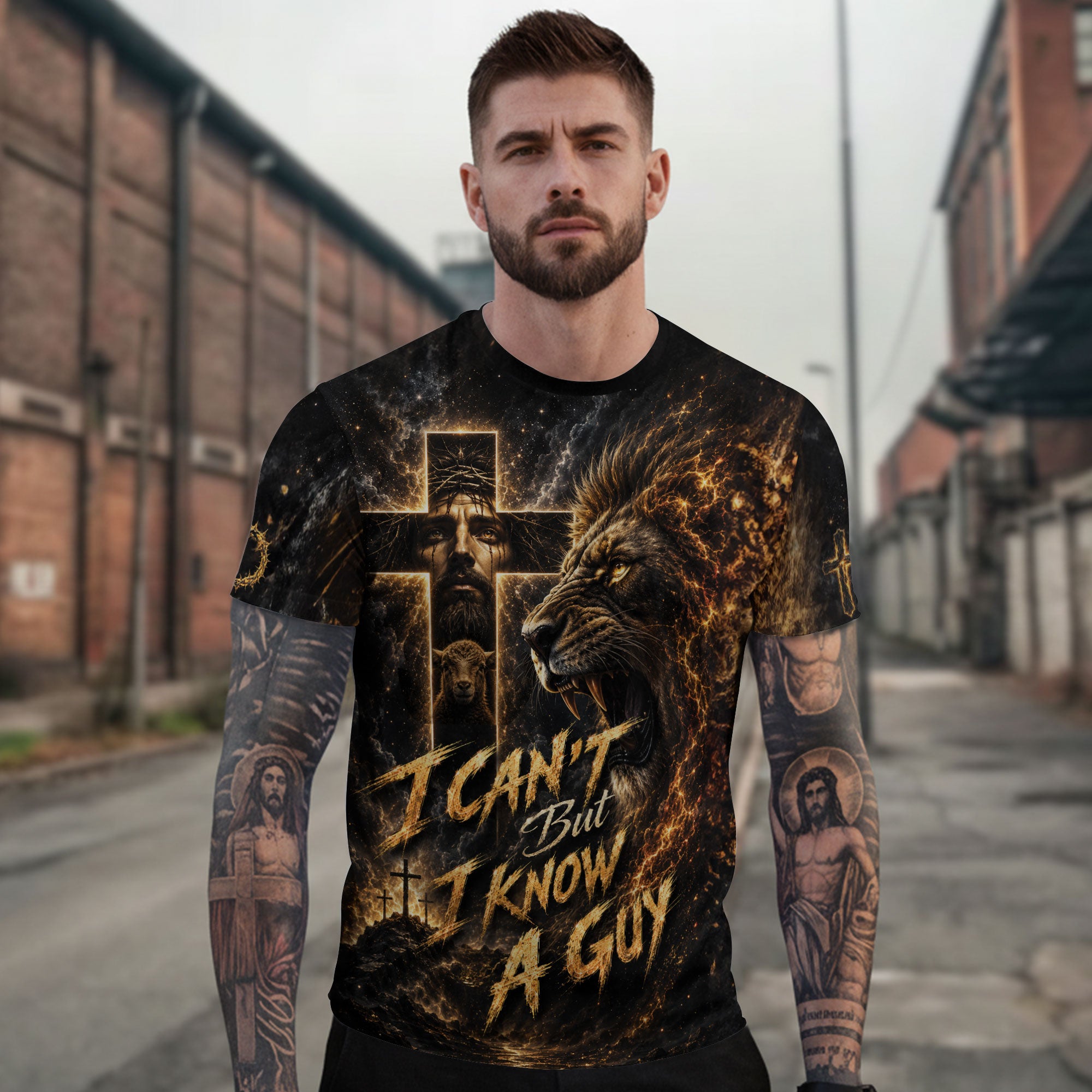 I Cant But I Know A Guy Jesus Lion Cross Christian 3D Graphic Crewneck Shirt For Men
