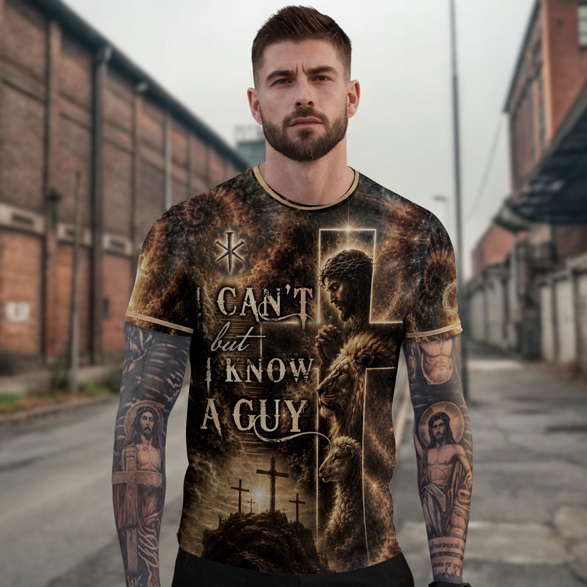 I Cant But I Know A Guy Jesus Lamb Lion Cross Christian 3D Graphic Crewneck Shirt Men