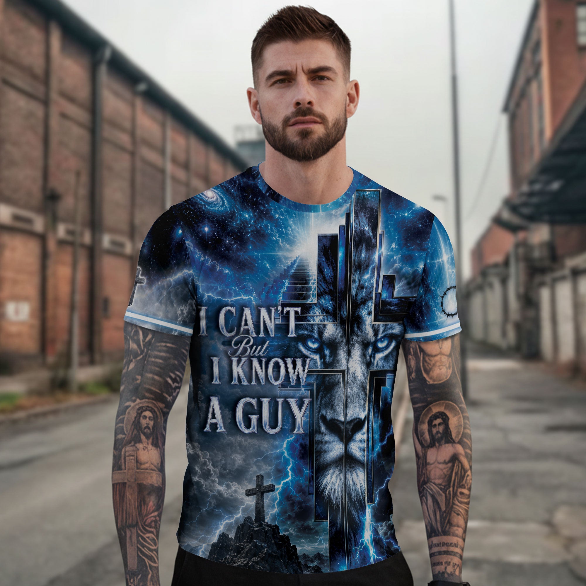 I Cant But I Know A Guy Blue Lion Cross Christian 3D Graphic Crewneck Shirt For Men