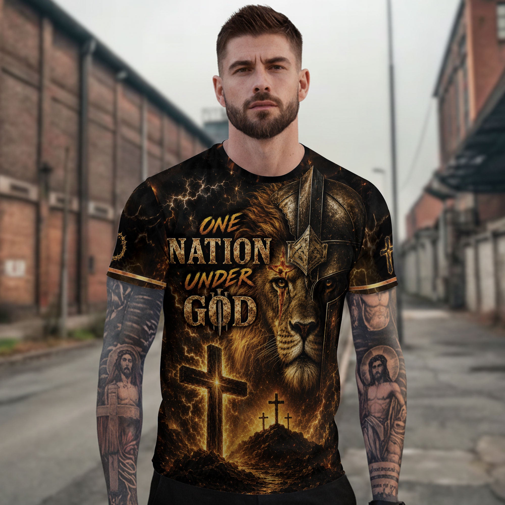 One Nation Under God T Shirt 3D Christian Lion Helmet Armor Cross Patriotic Shirt
