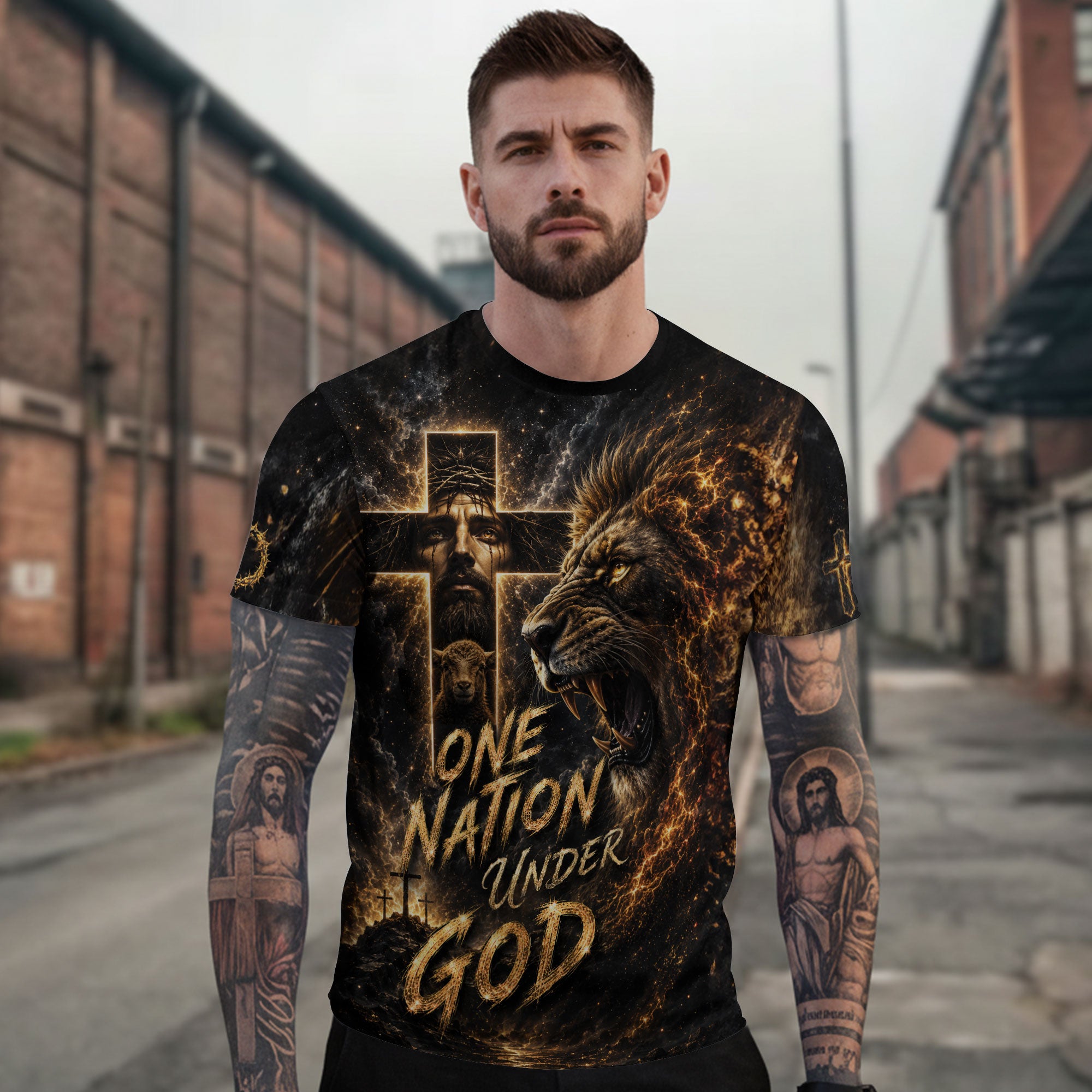 One Nation Under God T Shirt 3D Christian Jesus Lion Lamb Cross Graphic Tee Shirt