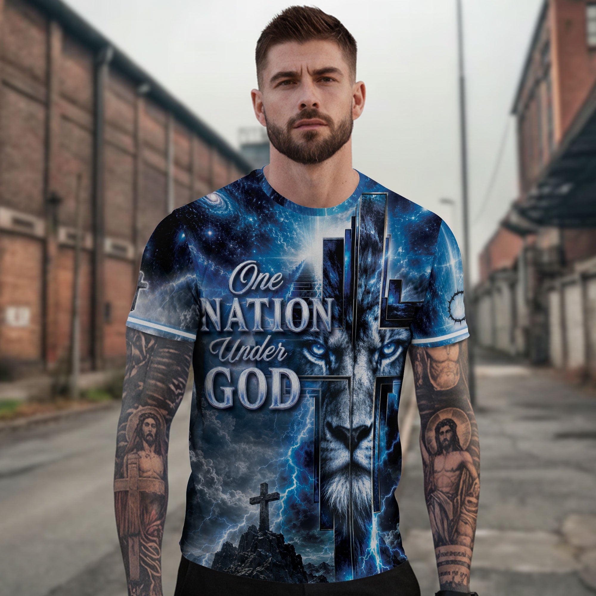 One Nation Under God T Shirt 3D Christian Blue Lion Cross Graphic Lightning Tee