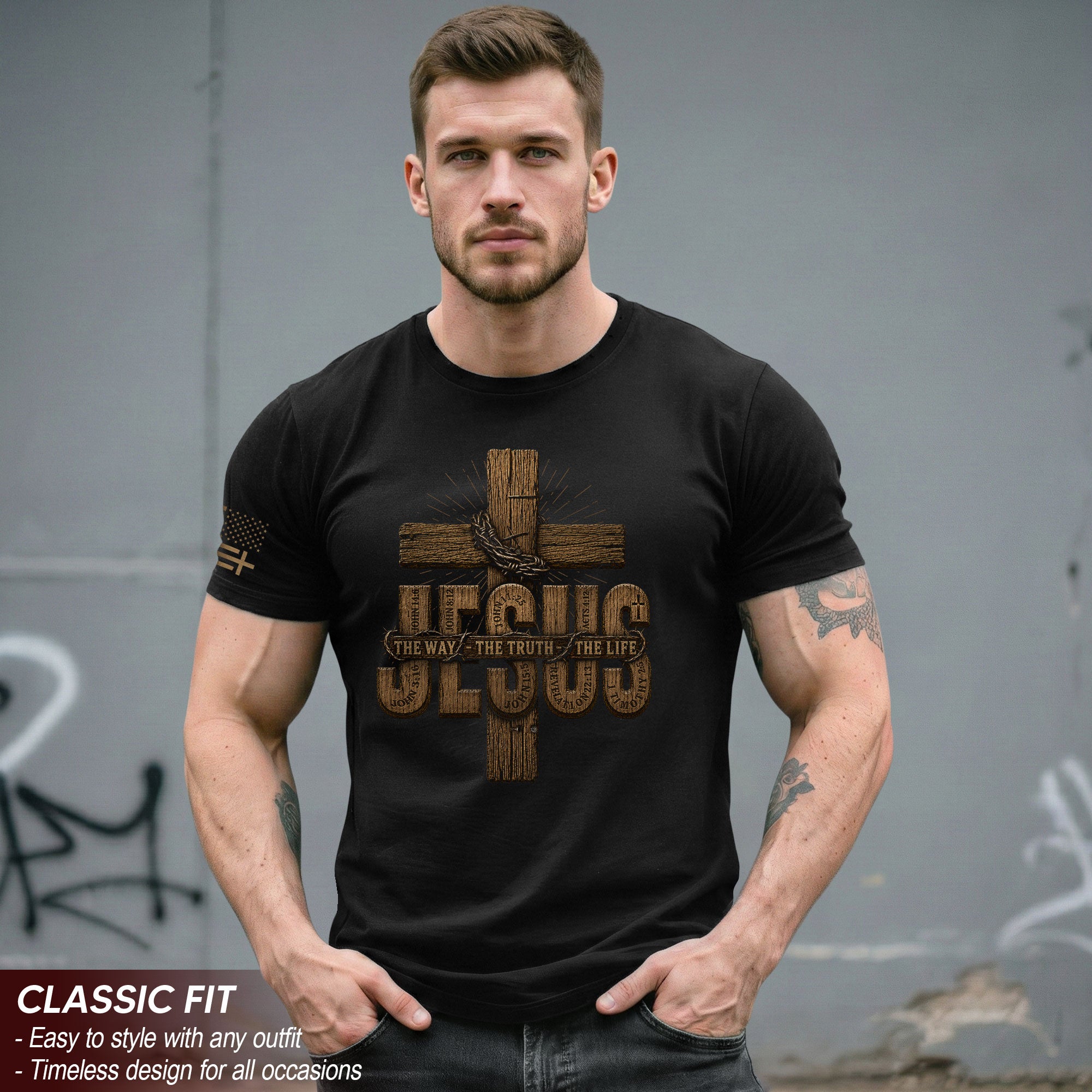 Jesus The Way The Truth The Life Wooden Cross Scripture Christian Graphic Tee Men