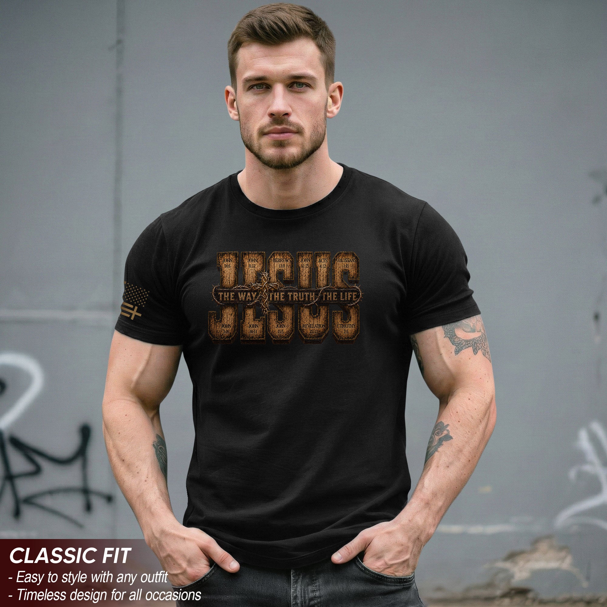 Jesus The Way The Truth The Life Scripture Cross Christian Graphic Crewneck Tee Men
