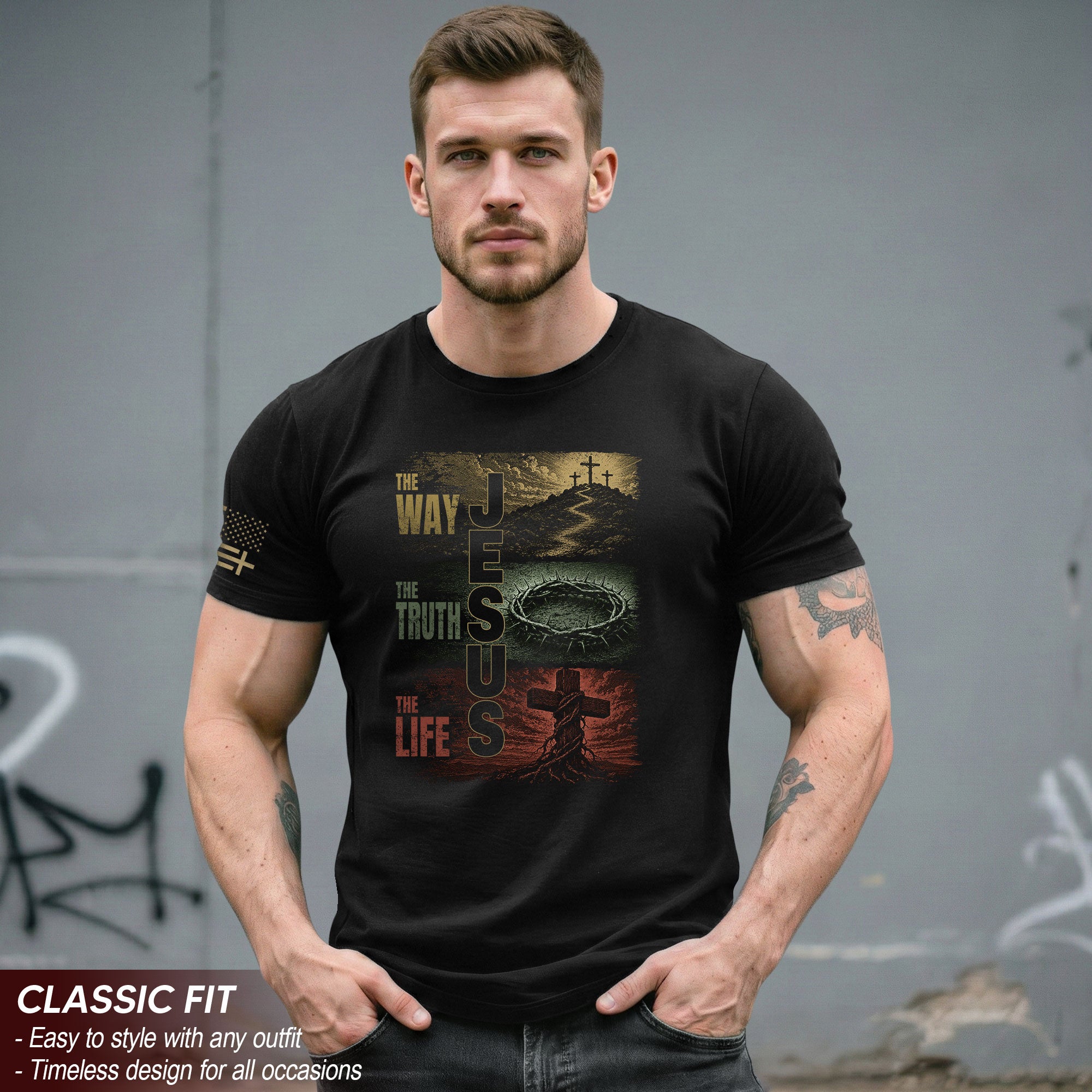 Jesus The Way The Truth The Life Calvary Cross Christian Graphic Crewneck Tee Men