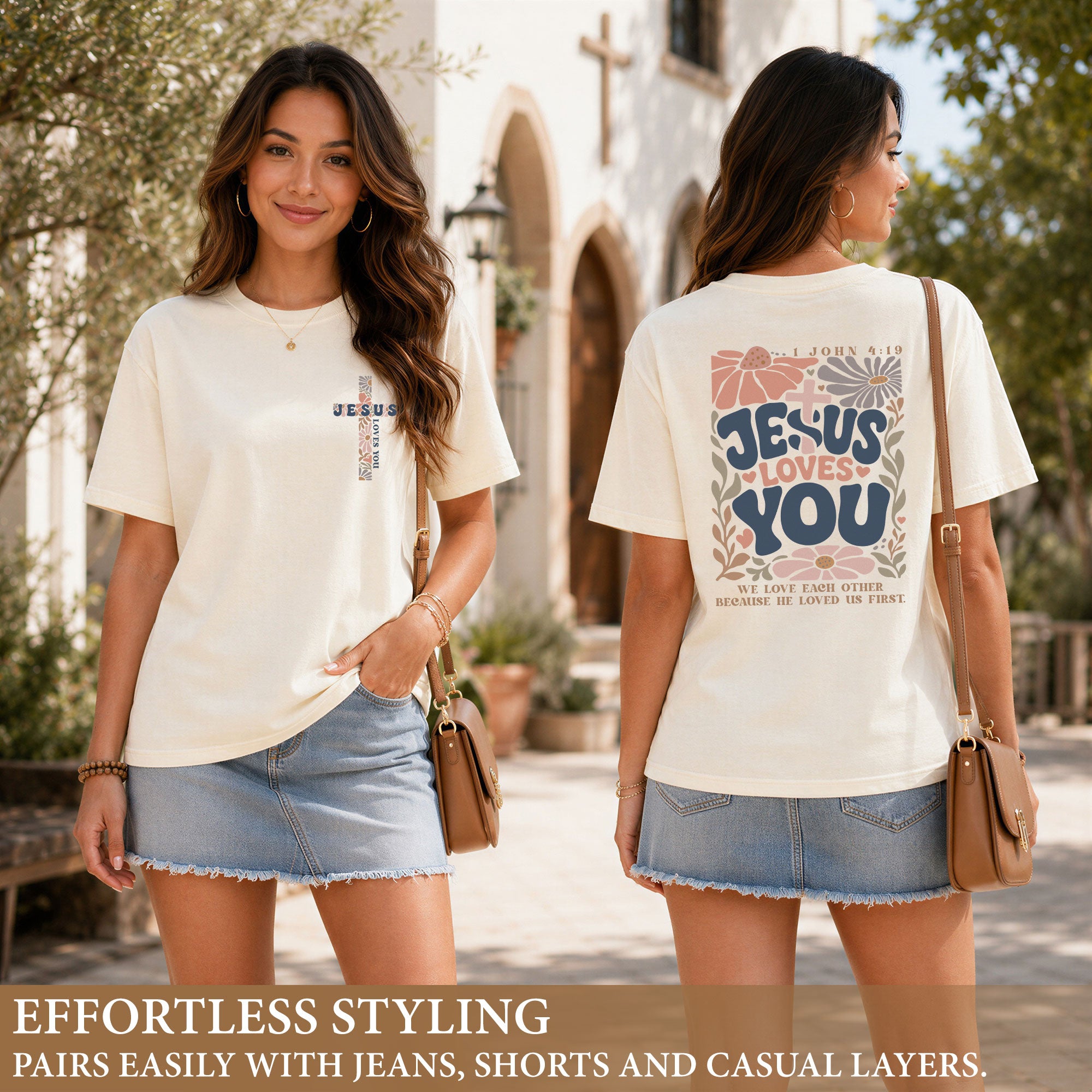 Jesus Loves You Retro Floral Cross Christian Graphic Casual Basic Tee Shirt Women