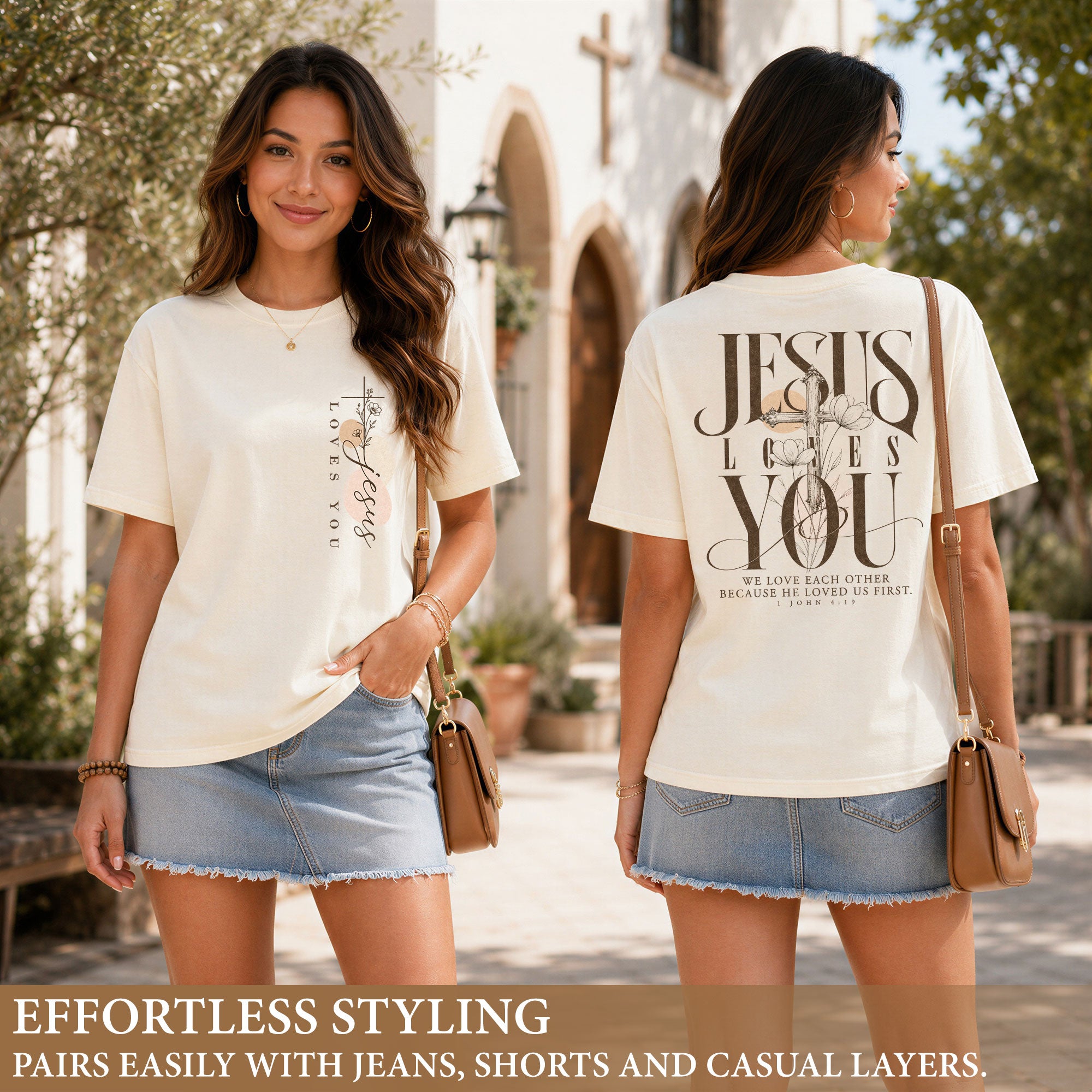 Jesus Loves You Cross Floral Christian Graphic Everyday Tee Shirt For Women Apparel