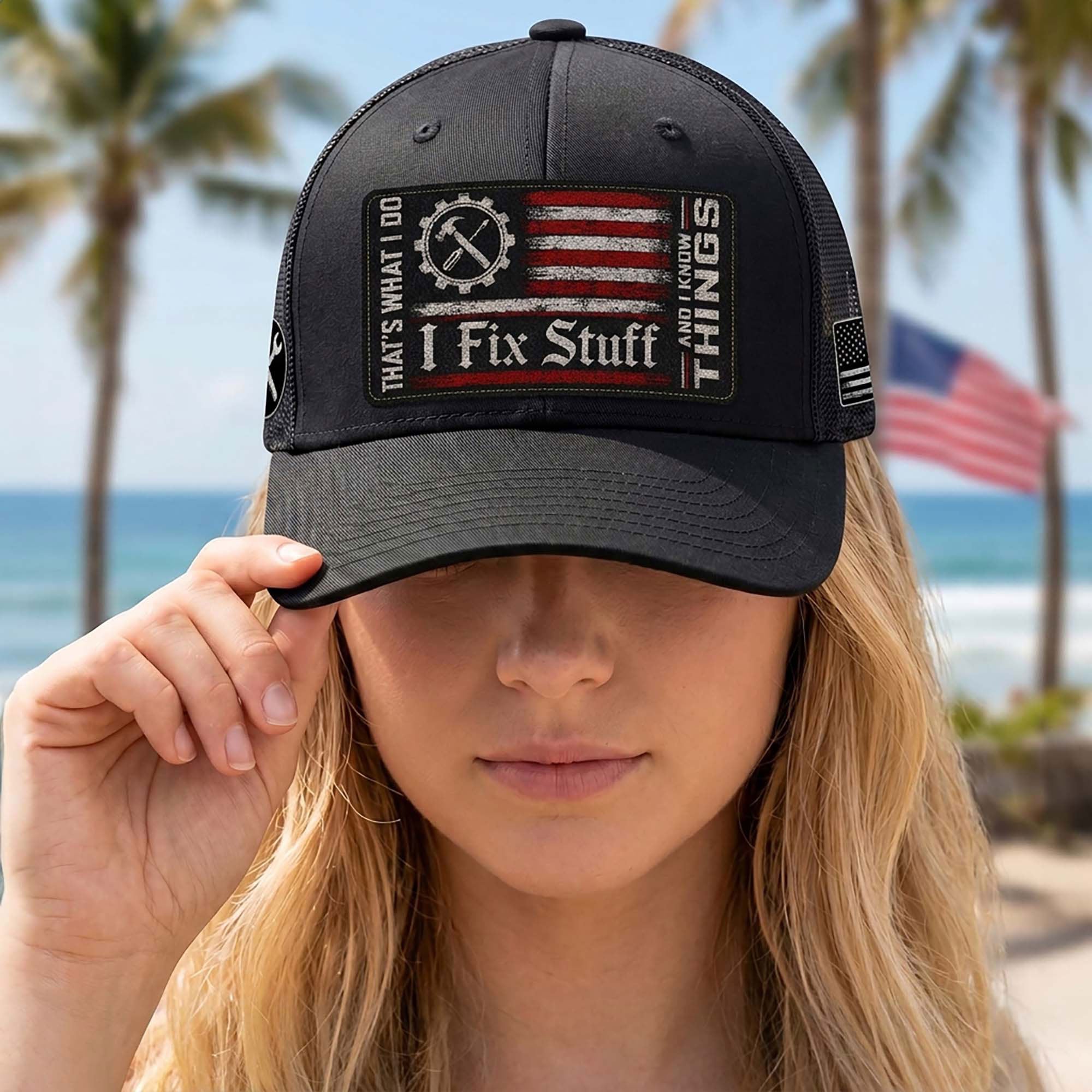 I Fix Stuff Mechanic American Flag Patch Trucker Hat Cool Handyman Dad Gift Idea