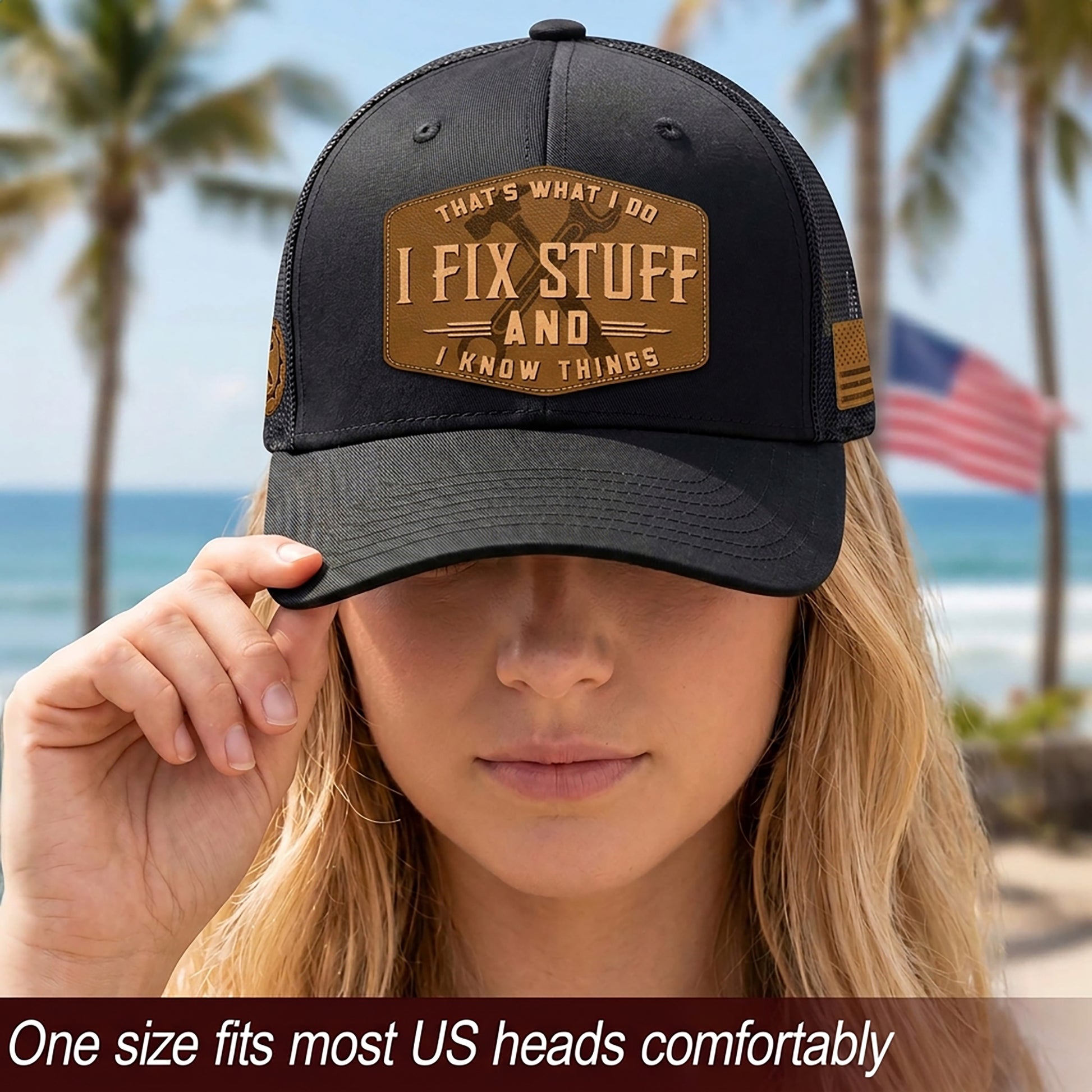 Black I Fix Stuff And I Know Things Hexagon Laser Engraved Leather Patch Trucker Hat - Rust Field Wear
