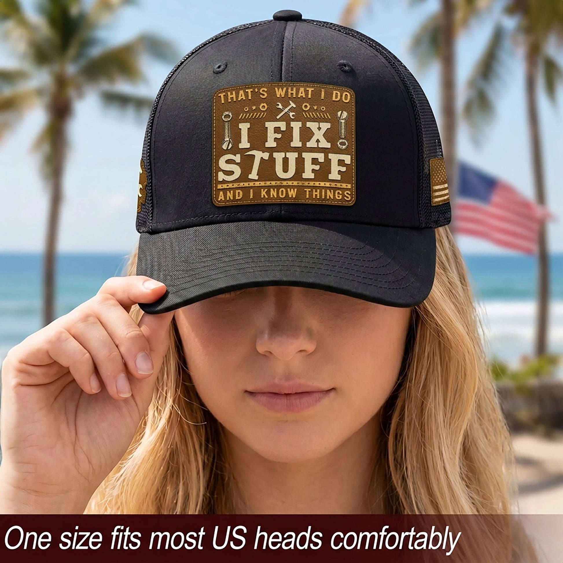 Black I Fix Stuff And I Know Things Square Laser Engraved Leather Patch Trucker Hat - Rust Field Wear