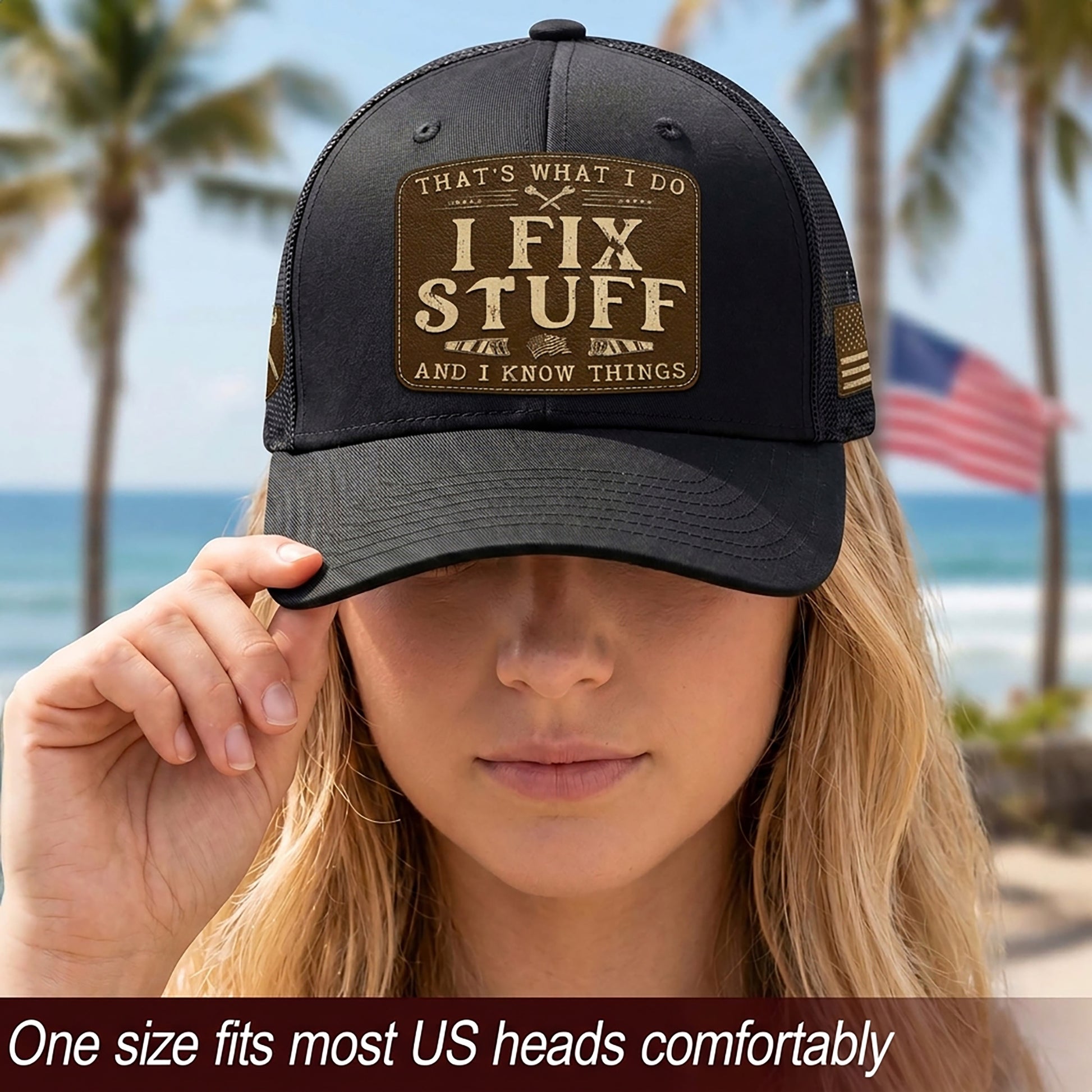 Black I Fix Stuff And I Know Things Saw Laser Engraved Leather Patch Trucker Hat - Rust Field Wear