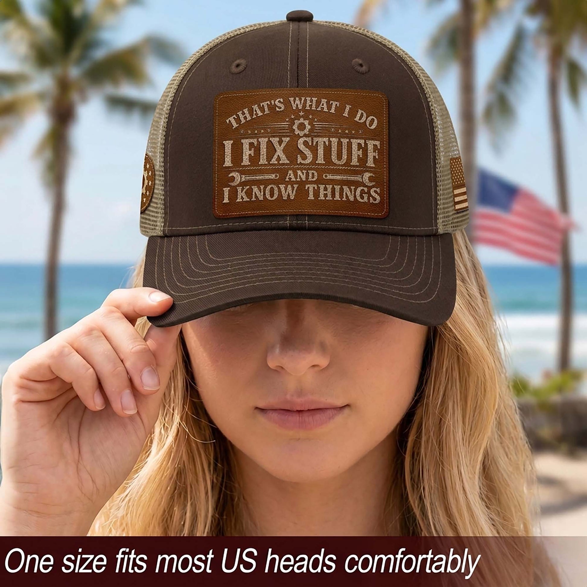 I Fix Stuff And I Know Things Laser Engraved Leather Patch Trucker Hat Mechanic Cap - Rust Field Wear
