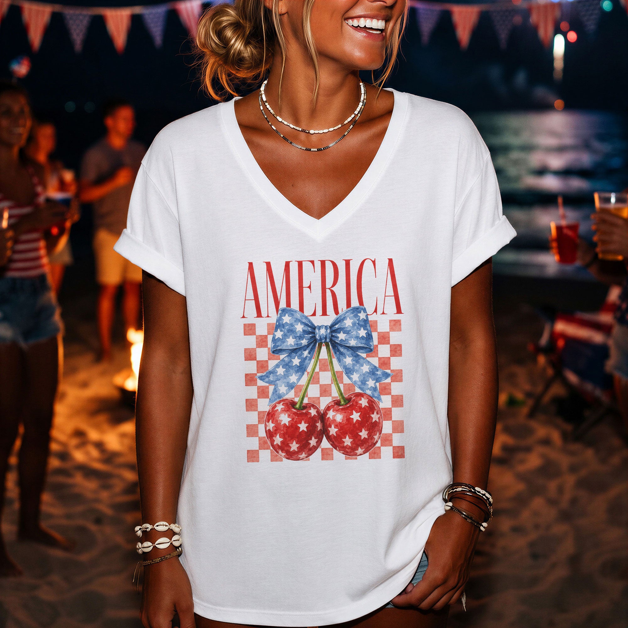 Women's V-Neck Patriotic Cherry Graphic T-Shirt - Cute American Flag Style Summer Top