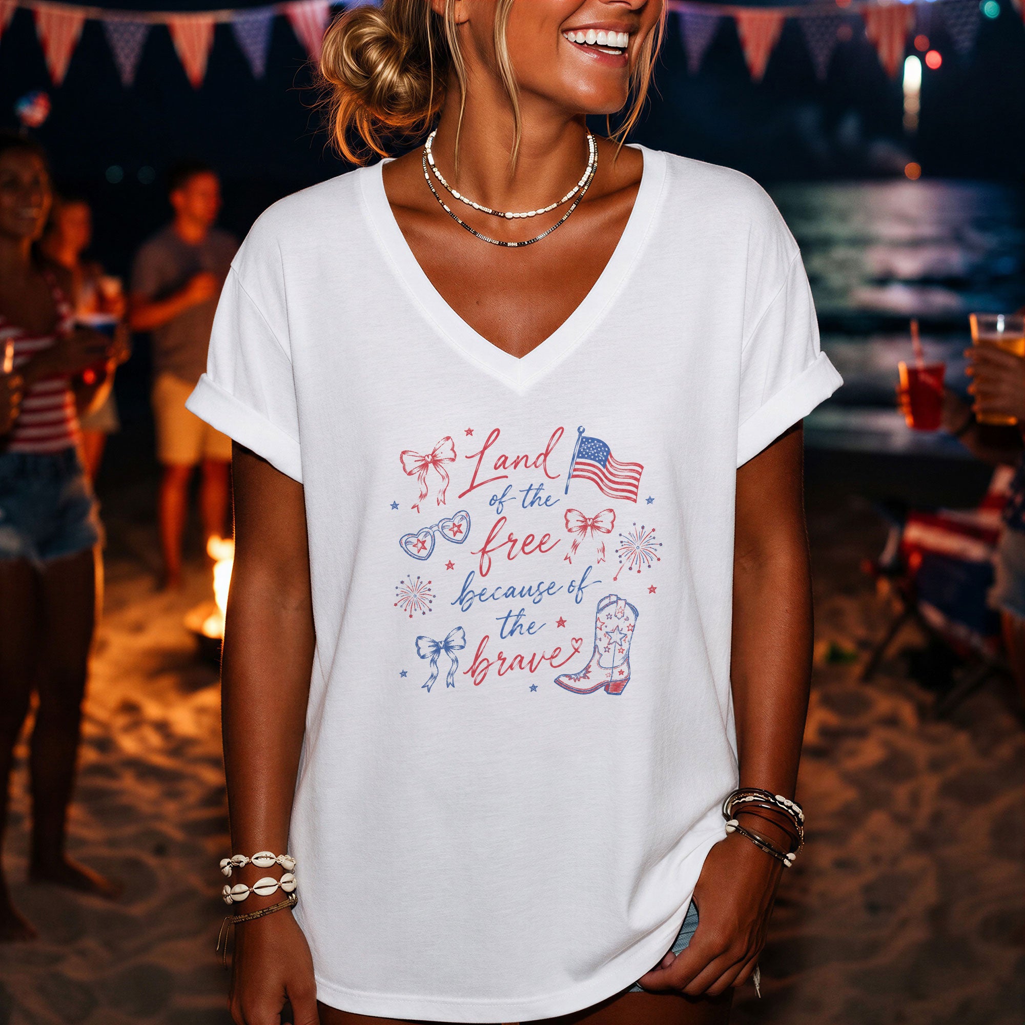 Women's Land of the Brave V-Neck Tee - Patriotic American Flag Graphic Summer Shirt