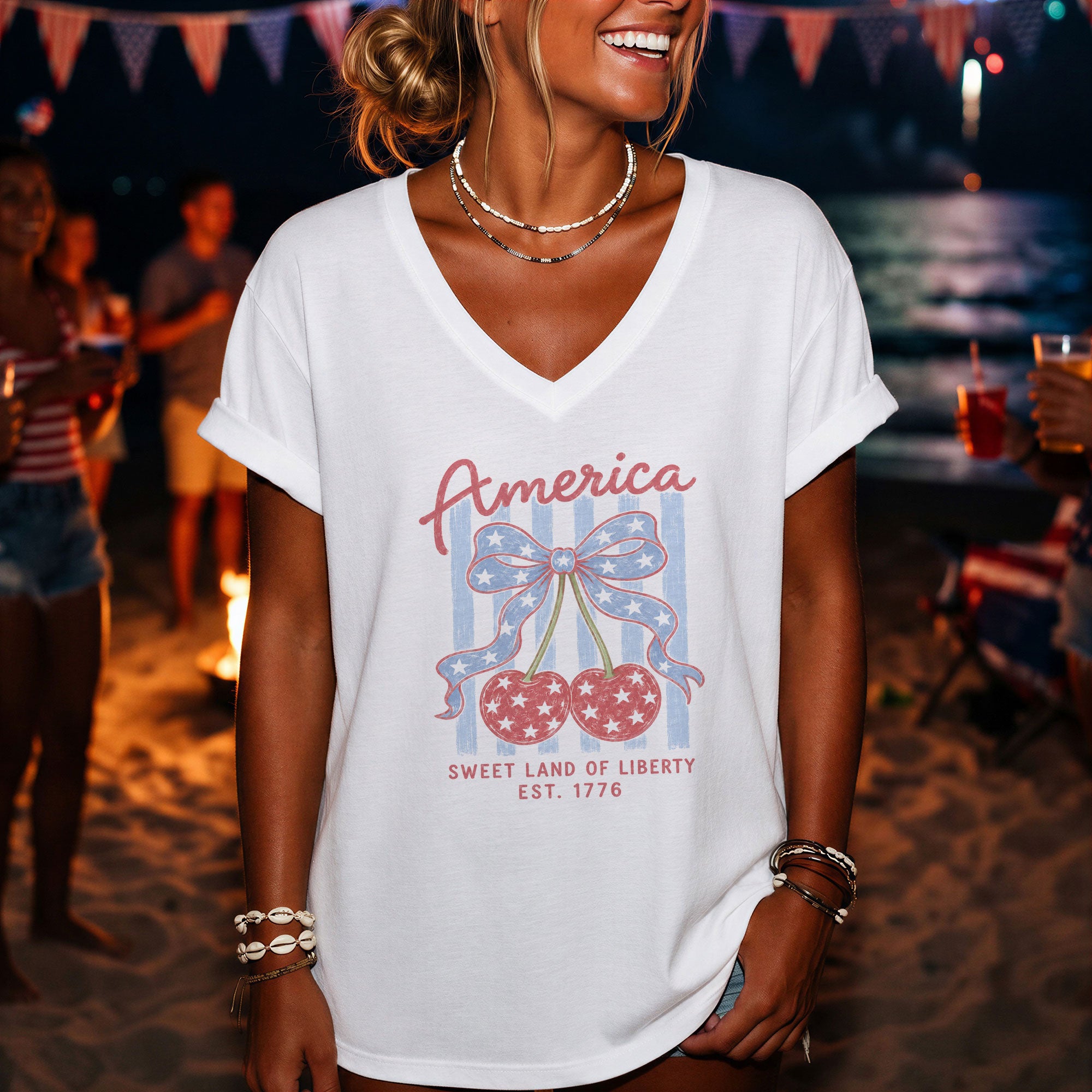 Women's America Cherry V-Neck Tee - Sweet Land of Liberty 1776 Patriotic Summer Shirt