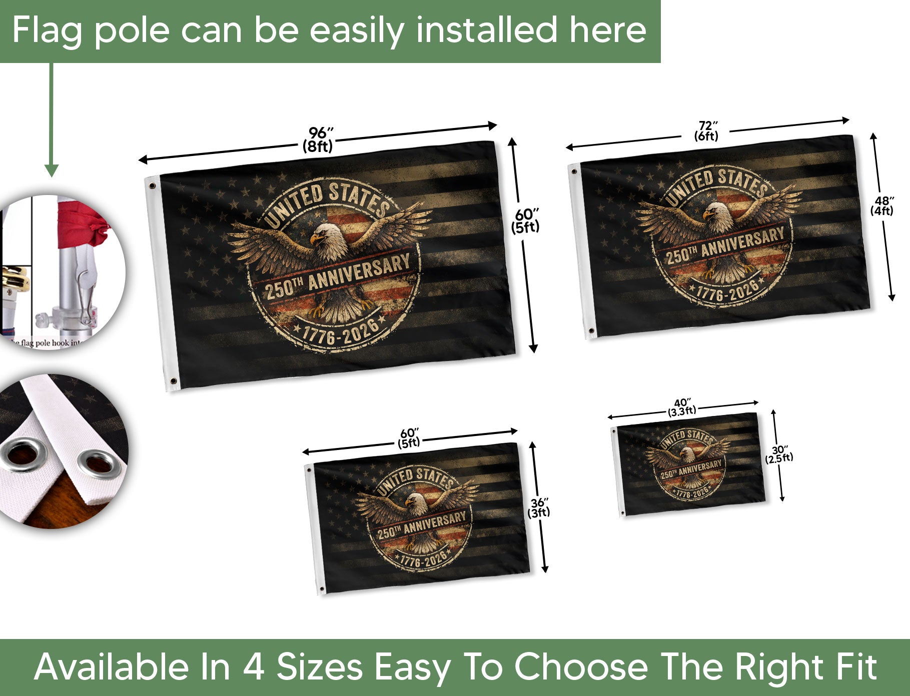 United States 250th Anniversary Flag 1776-2026 Vintage American Eagle Shield Mental Heritage Patriotic - Rust Field Wear