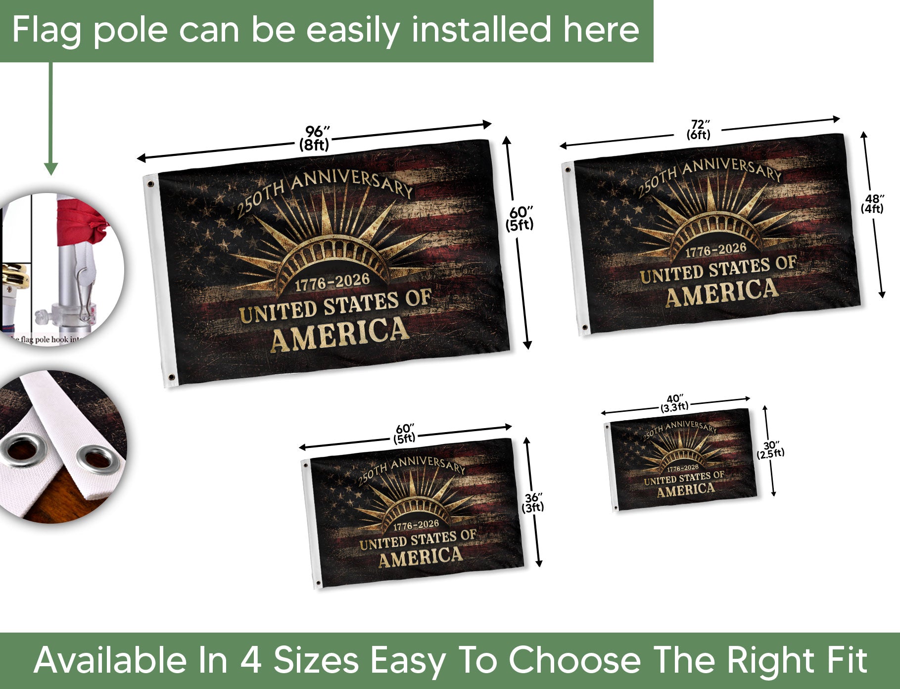 USA 250th Anniversary Flag 1776–2026 – Vintage American Flag with Liberty Crown Design - Rust Field Wear
