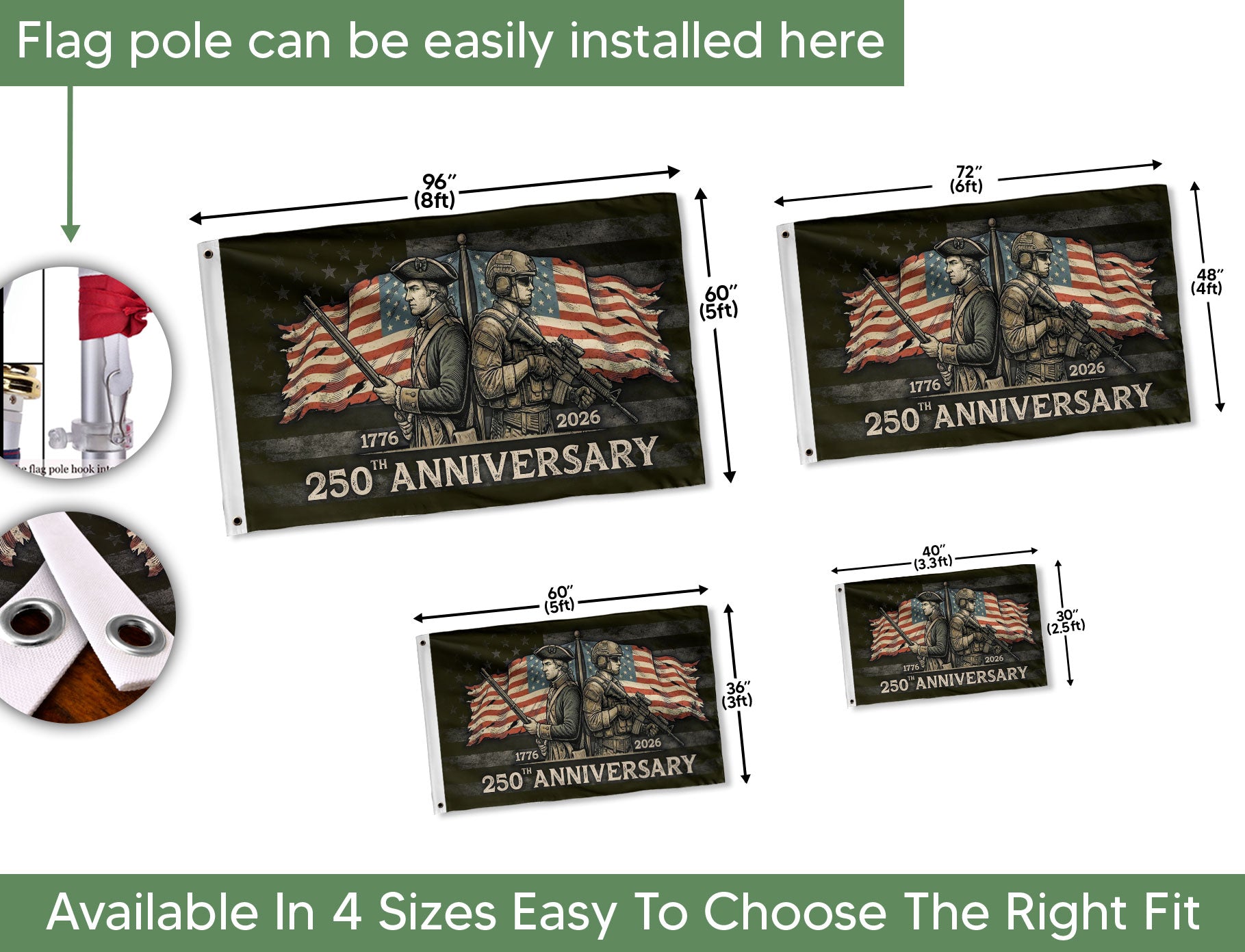250 Years America Anniversary Flag 1776-2026 - Revolutionary & Modern Soldier Patriotic Flag, Double Sided Heritage Banner - Rust Field Wear