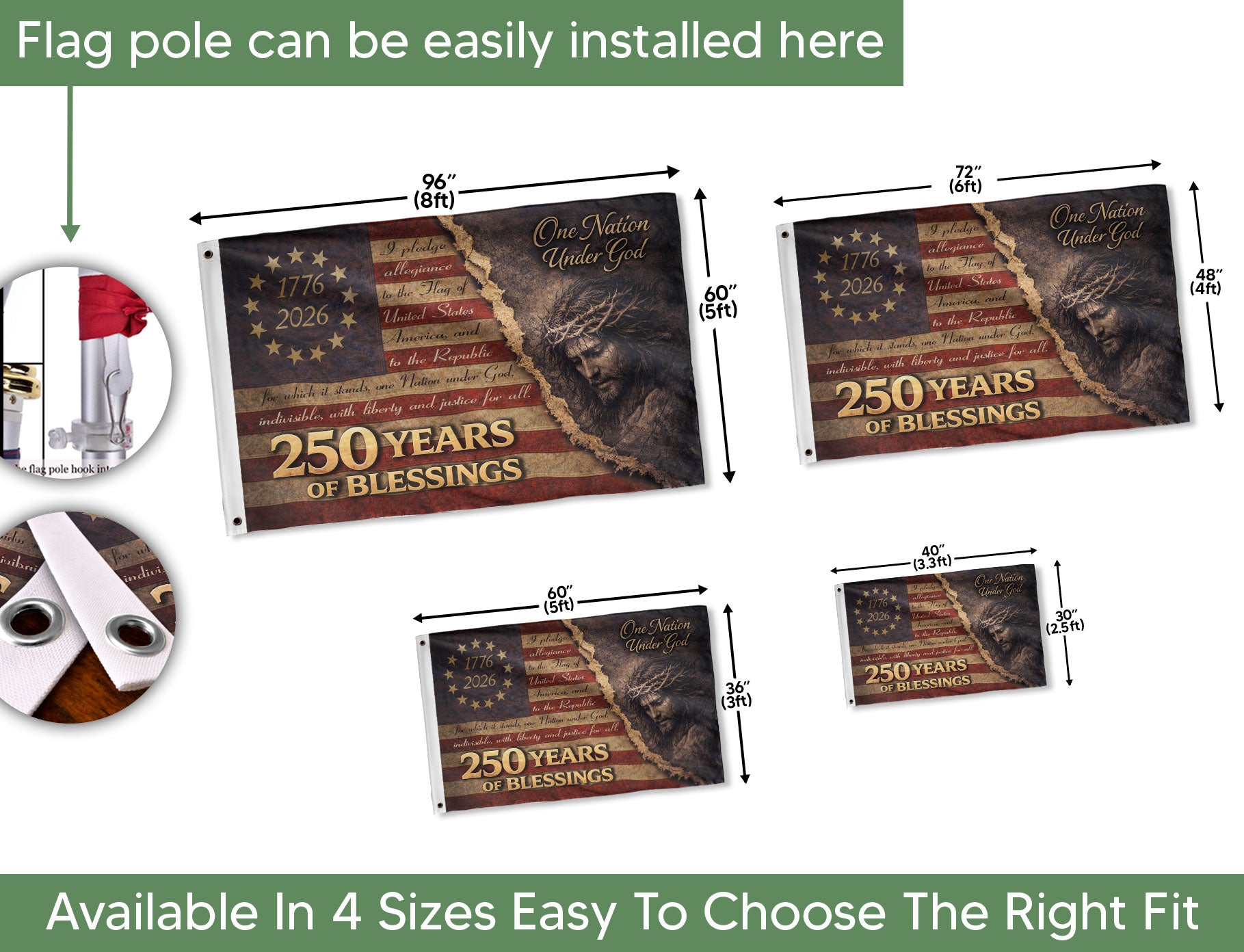 250 Years of Blessings American Flag - Christian Patriotic One Nation Under God Design, Double Sided Flag - Rust Field Wear