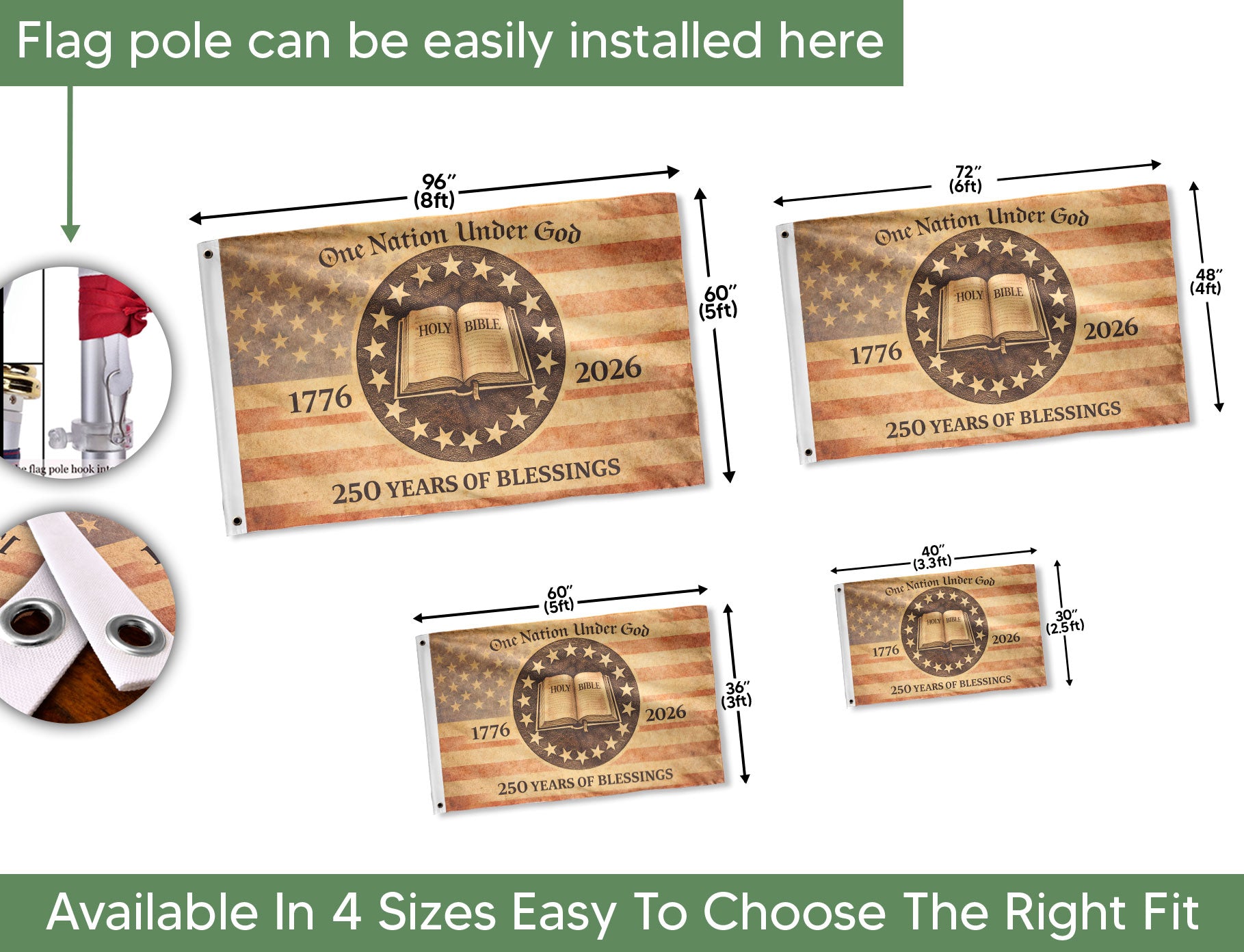 One Nation Under God America Christian Patriotic 250th Anniversary Flag - 250 Years of Blessings Holy Bible & Cross Banner, 1776-2026 Patriotic Double Sided Flag - Rust Field Wear