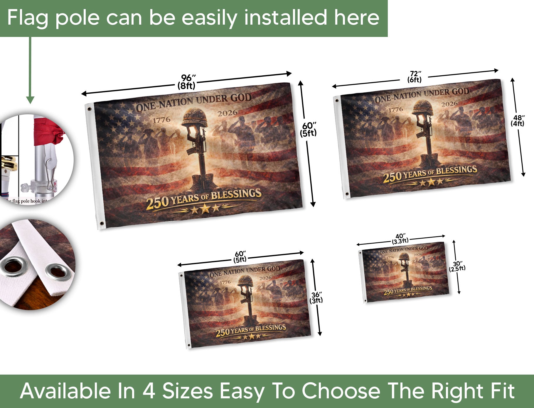 250 Years America Anniversary Military Flag, Double Sided House Banner - Fallen Soldier Battle Cross 1776-2026 - Rust Field Wear