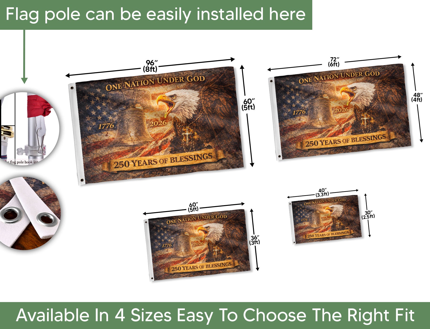 250 Years of Blessings USA Flag, Patriotic Eagle & Liberty Bell - 1776-2026 Double-Sided Banner - Rust Field Wear