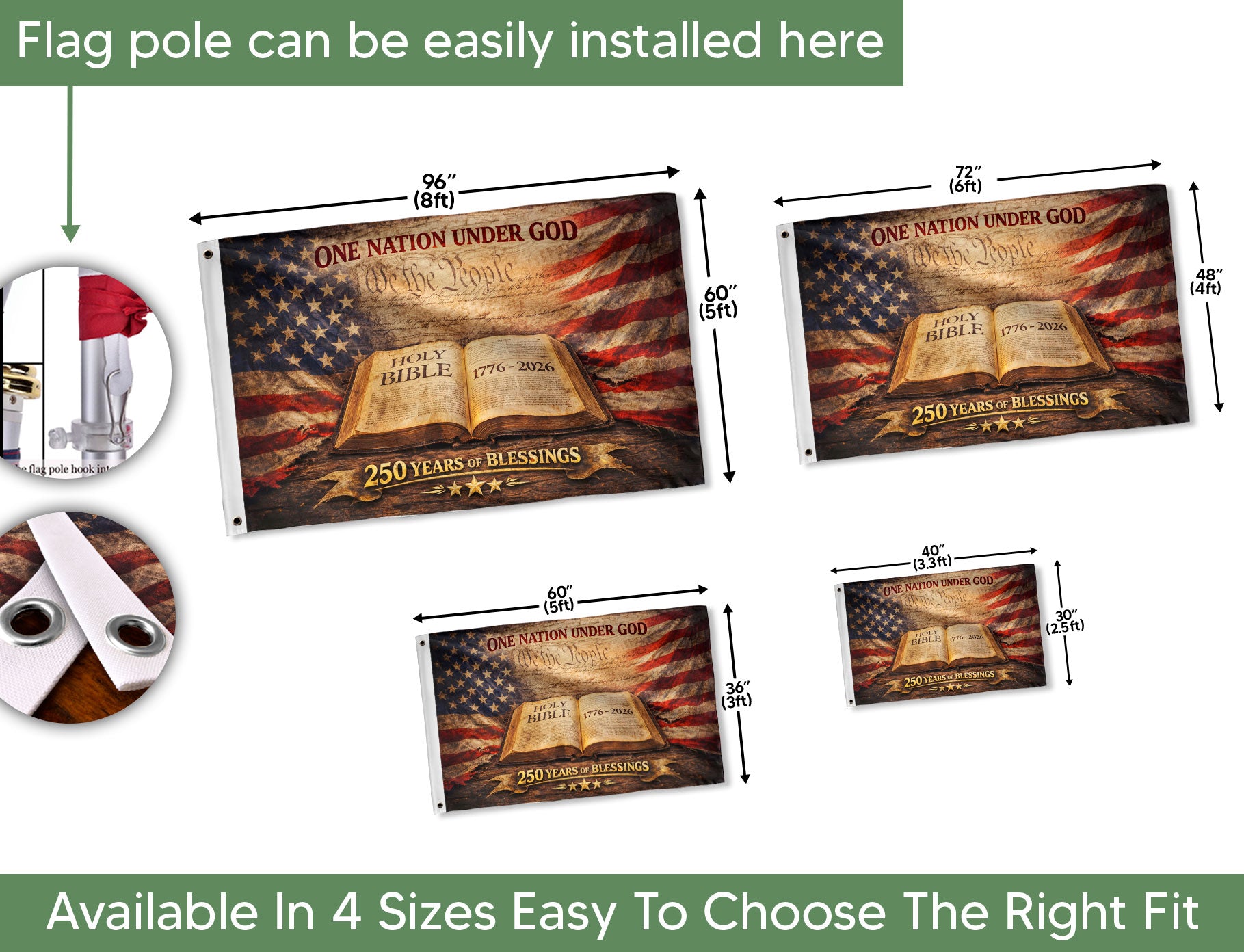 One Nation Under God 250th Anniversary Flag (1776–2026) – Holy Bible and We the People Patriotic Christian Banner - Rust Field Wear