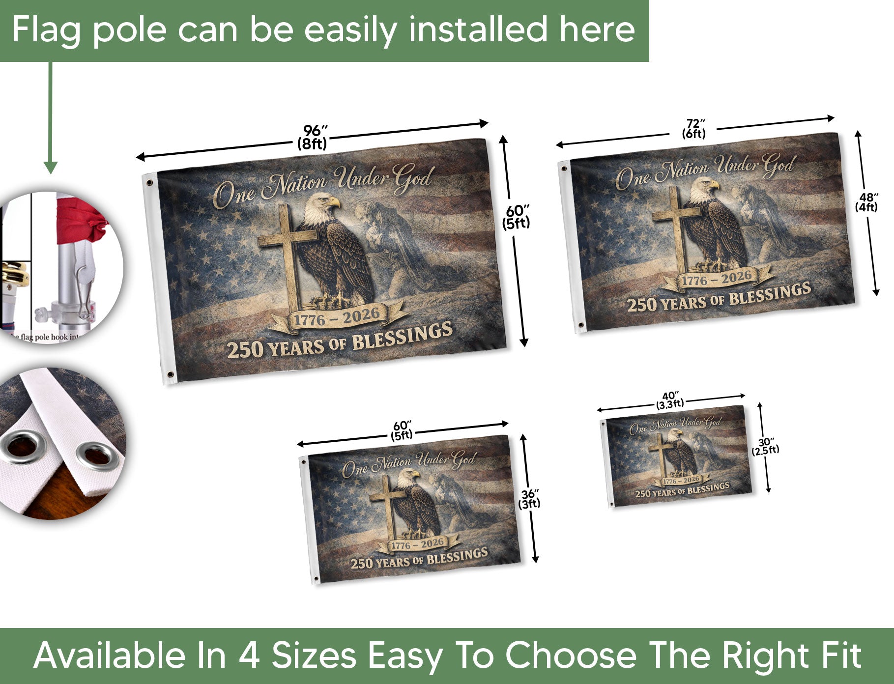 250th Anniversary Cross & Eagle, One Nation Under God 250 Years of Blessings USA Flag - Double Sided Premium House Flag - Rust Field Wear
